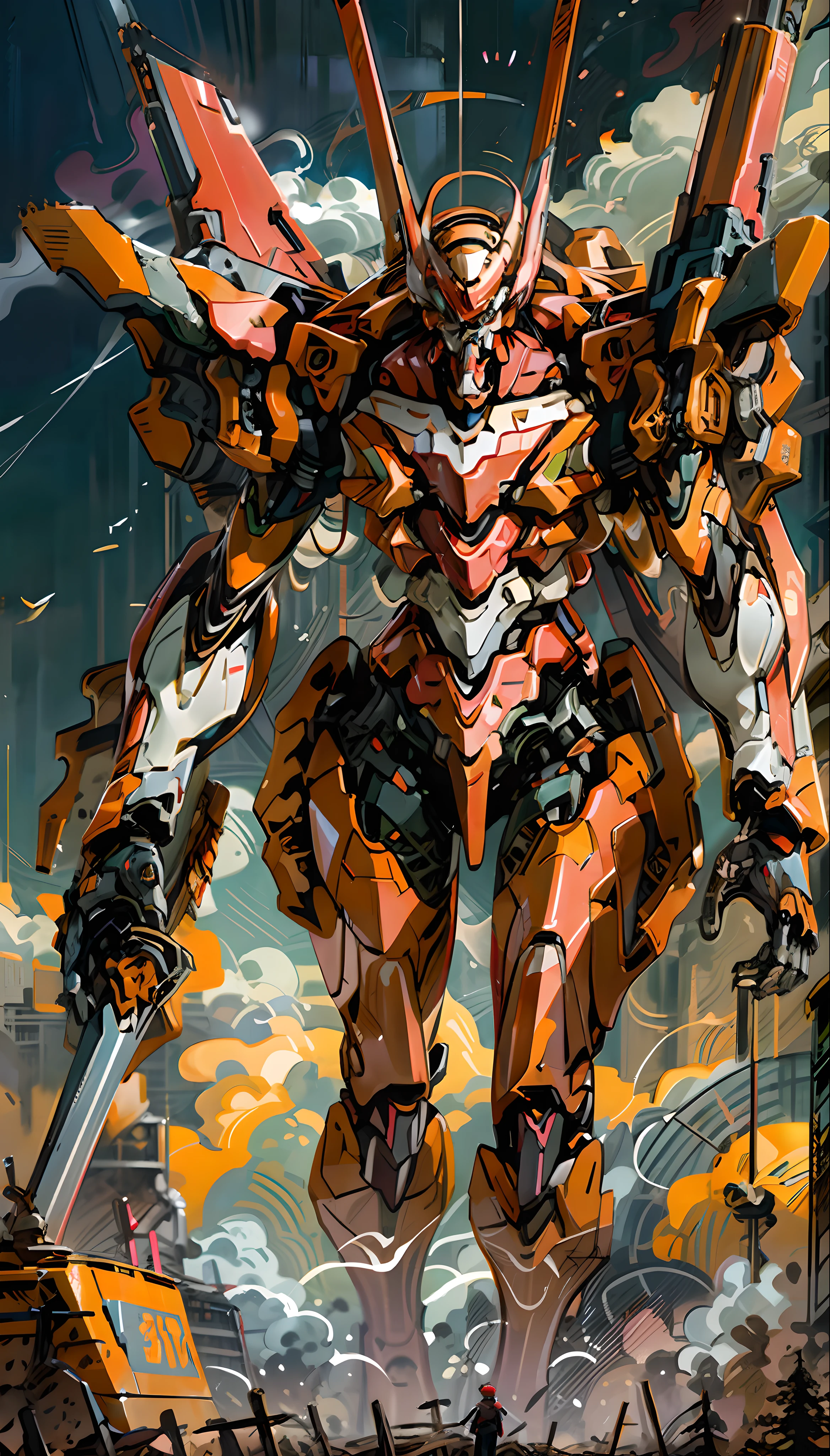 Eva 02, Eva, Evangelion mecha, science fiction, watch audience, (official art, best quality, masterpiece: 1.2), Illustrations, high resolution, beautiful abstract background, futuristic, sky, flight attitude, mecha wings, tech style, titanium, mecha, handheld weapon, lightsaber, depth of field, wide angle,