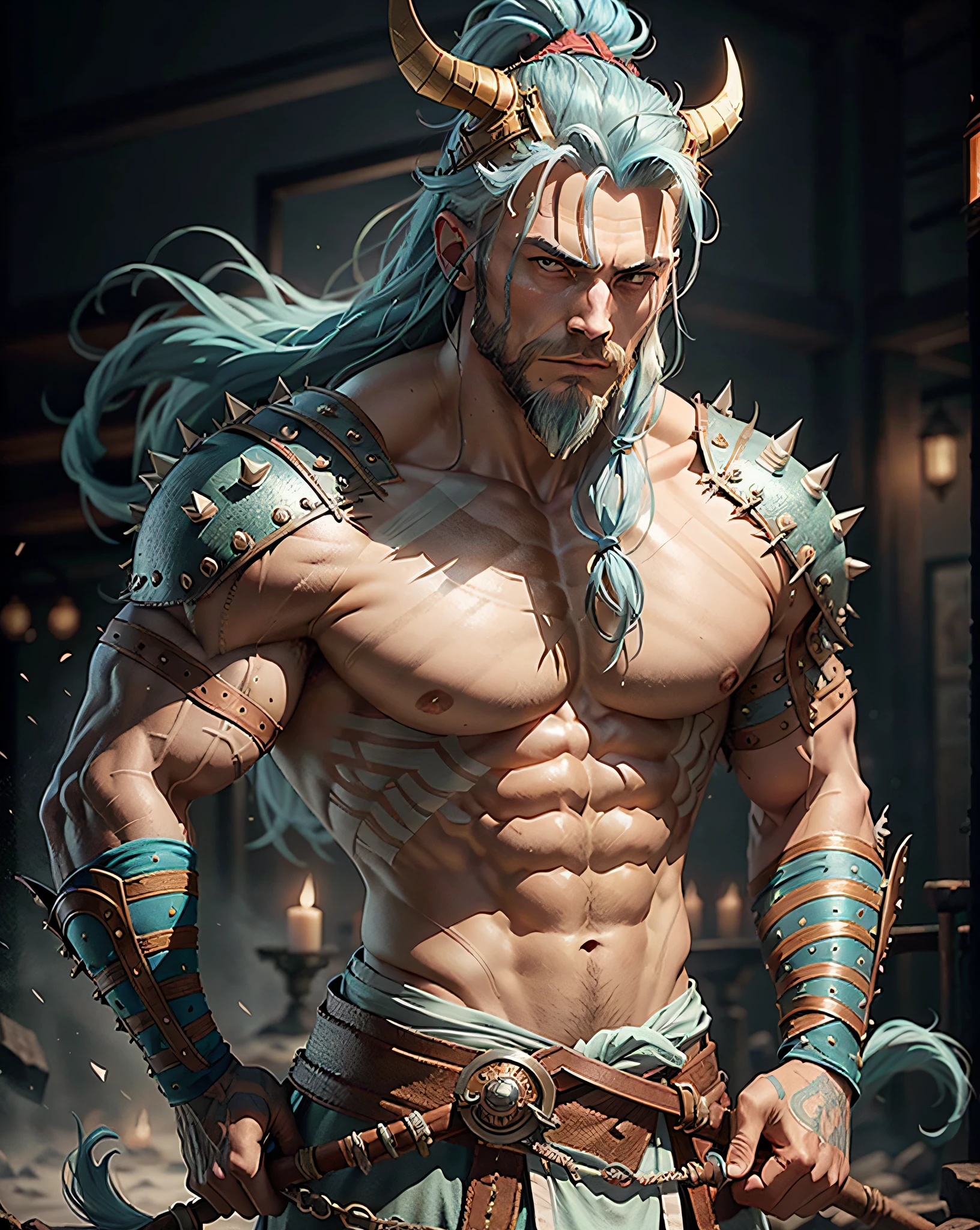 Sexy and muscular shirtless Viking man with thin bandages covering breasts, spiky cyan blue hair, horns