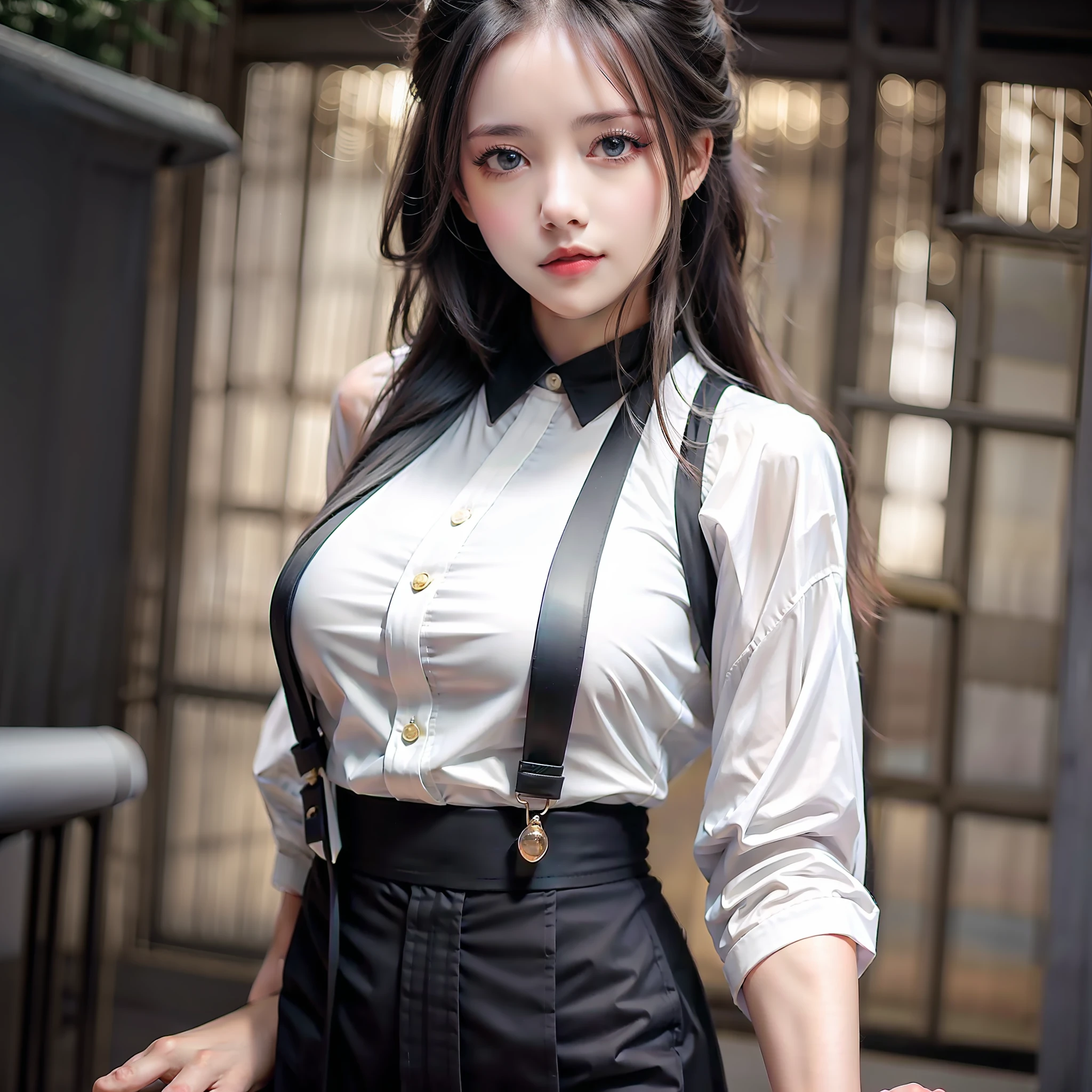 1girl, curvaceous, beautiful face, charming eyes, black hair, (conservative clothing), long-sleeved shirt, long pants, elegant, (masterpiece:1.2), best quality, masterpiece, hires, original, extremely detailed wallpaper, perfect lighting, (realism: 1.4), professional photography, high shadow