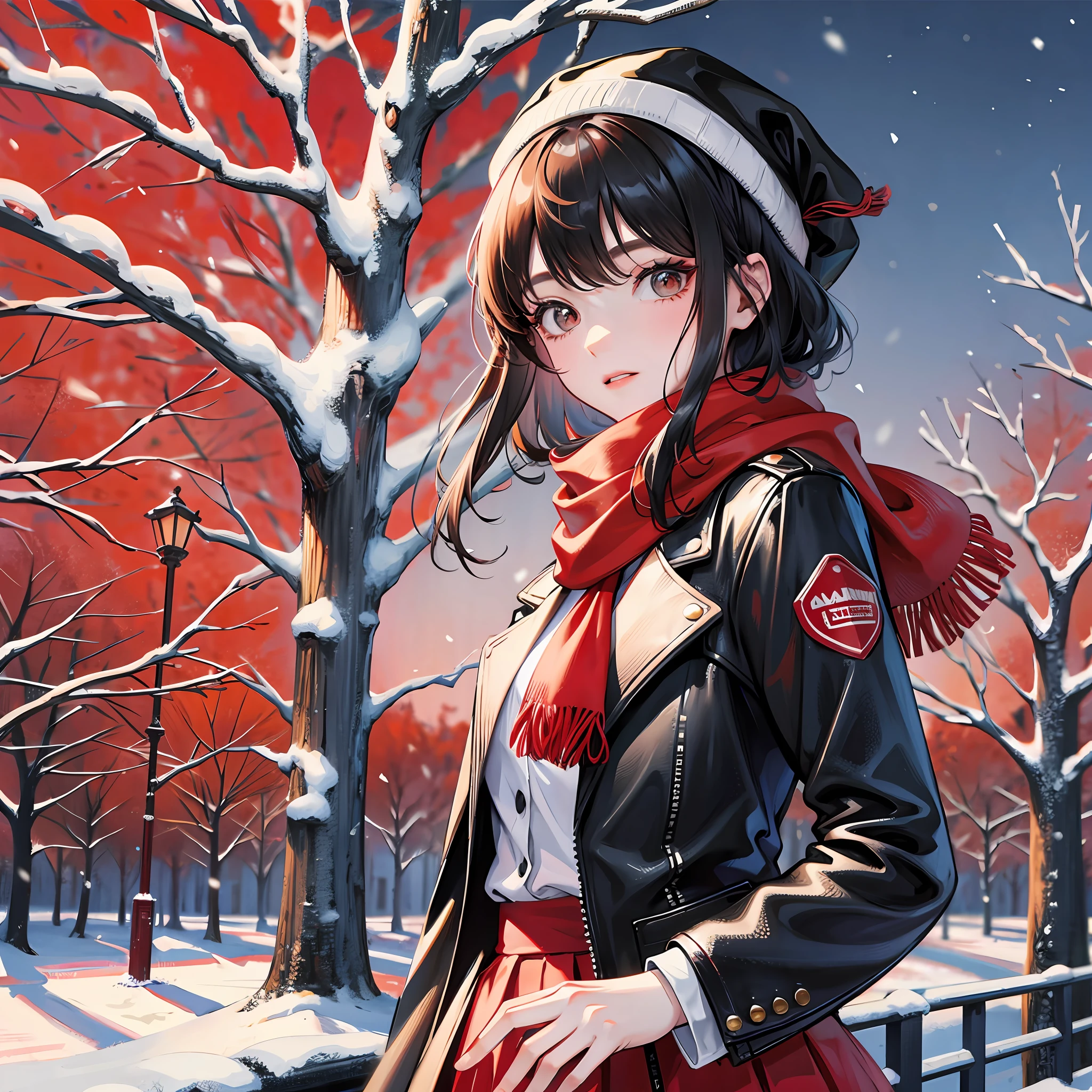 Short black hair, red scarf, snow, park, short skirt --auto --s2