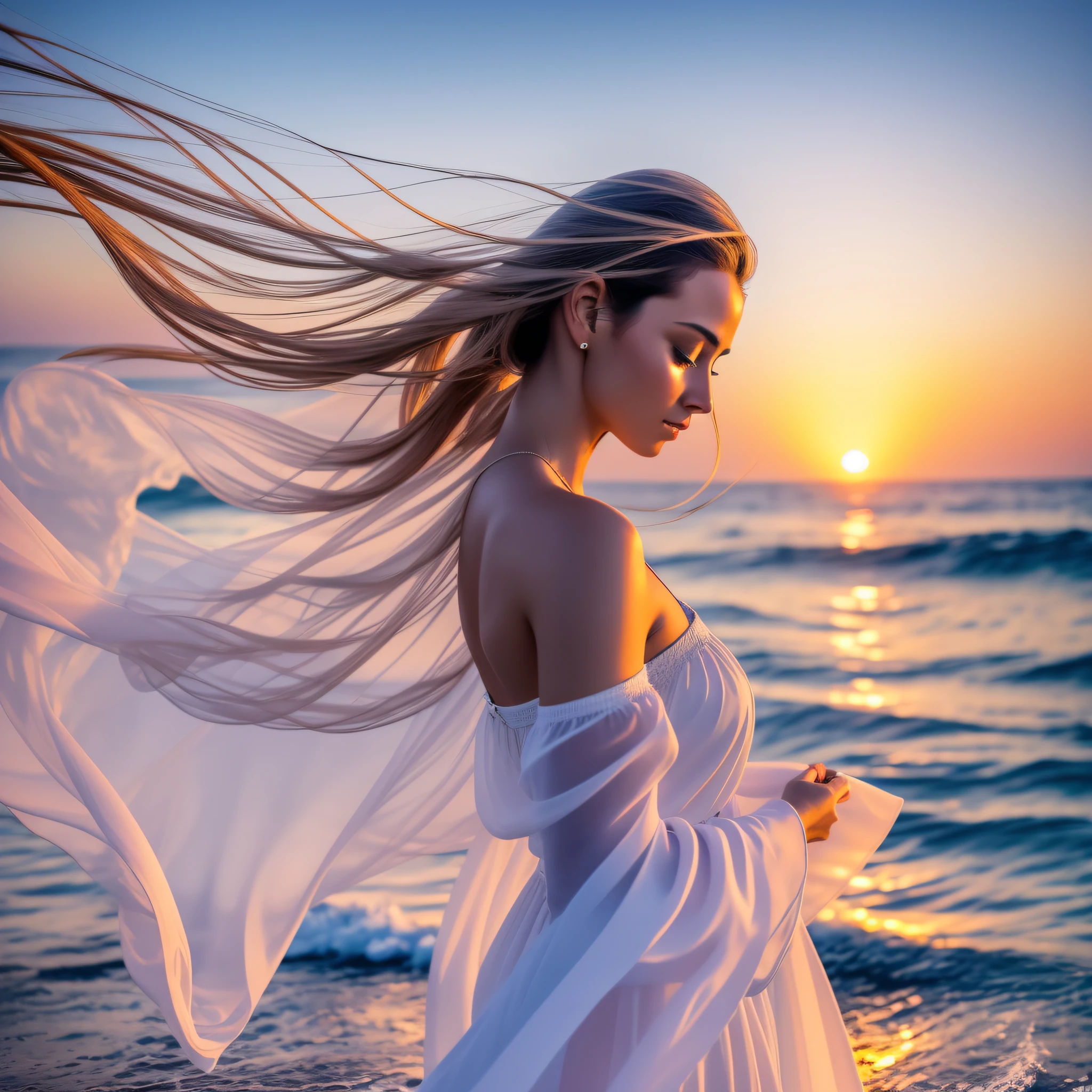 Create an ultra-realistic and high-resolution image of a woman on the coast, it should be a real model and not a drawing, looking at the horizon. She is deeply thoughtful, lost in a moment of contemplation and meditation. The scene is serene and peaceful, with the soft sound of waves crashing down on the shore and the soft glow of the setting sun casting a warm light over everything. The woman is dressed in fluid, ethereal clothing, her hair blowing softly in the breeze. She is the embodiment of calm and tranquility, a figure of grace and beauty amidst the natural splendor of the sea. The image should be sharp and clear, with vibrant colors and precise detail --auto --s2