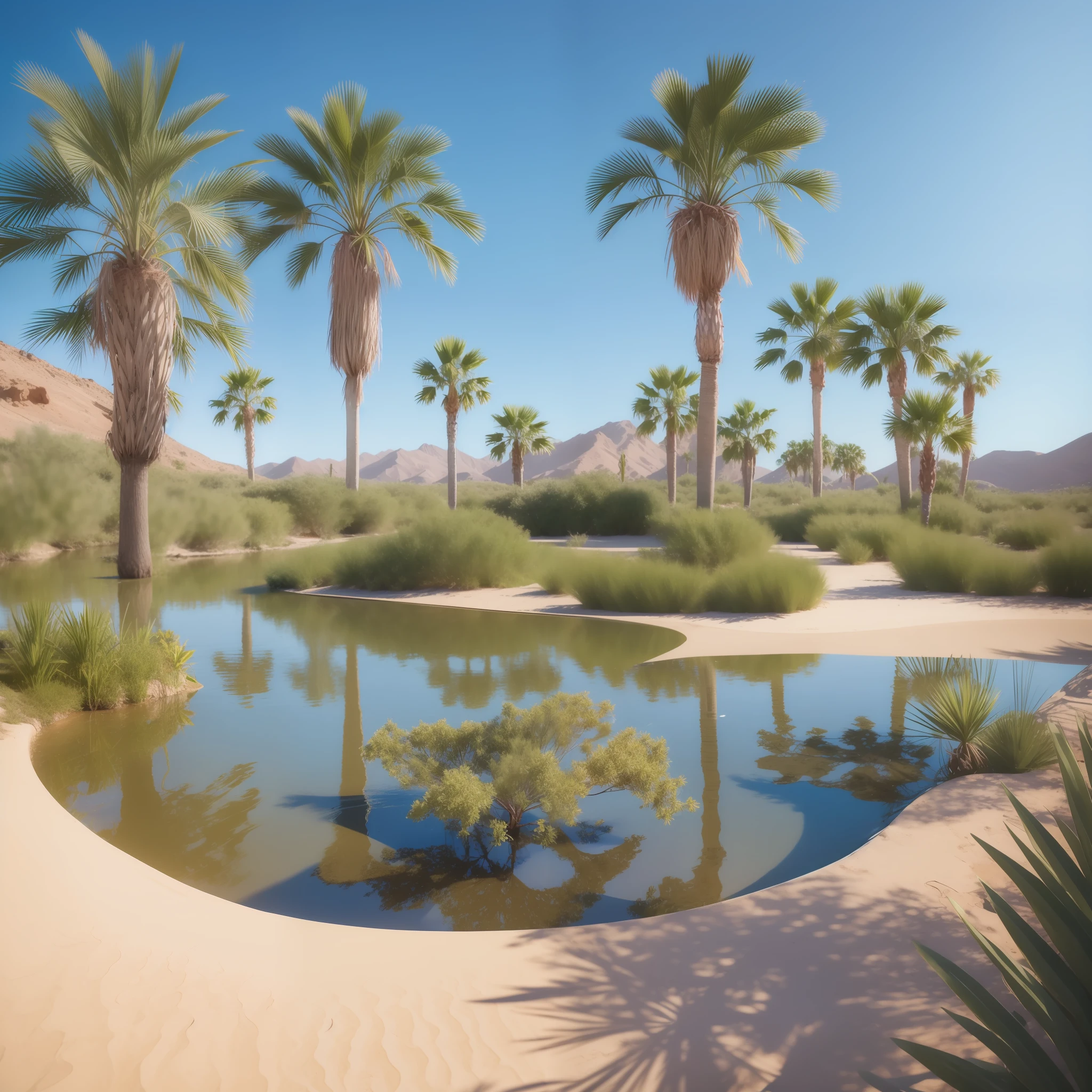 Small oasis with a small lake with three palm trees, in the center of a desert. Photorealistic, hyperdetailed, high quality, 8k