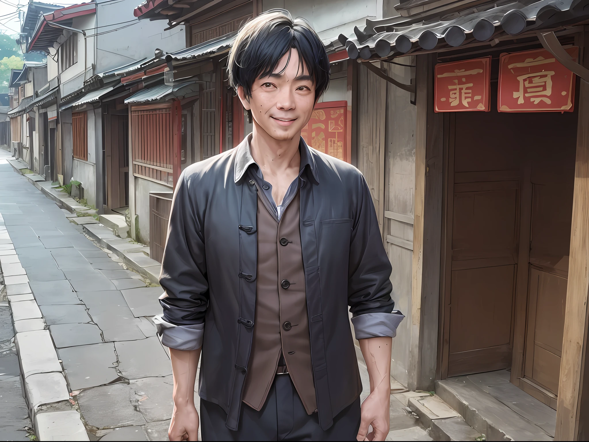 1 silly man, middle-aged man, soloist, sloppy, full-body, thin, cloth (((ultra-realistic details)), Chinese Republic of China style, global illumination, short black hair, shabby clothes, sloppy, 8k, standing at the entrance of the village, silly smile, a pair of bright eyes