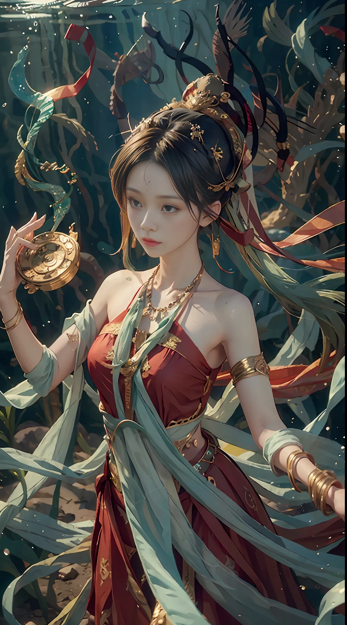 Long shot, a girl, wearing a green long dress, Dunhuang style, underwater, flying action, red ribbon wrapped around the body, surrealism, surrealism, supremacy, classicism, ultra hd, retina, masterpiece, ccurate, textured skin, anatomically correct, super detail, high detail, high quality, 1080P, high resolution, best quality, award-winning, 16k, 8k, 4k, hd