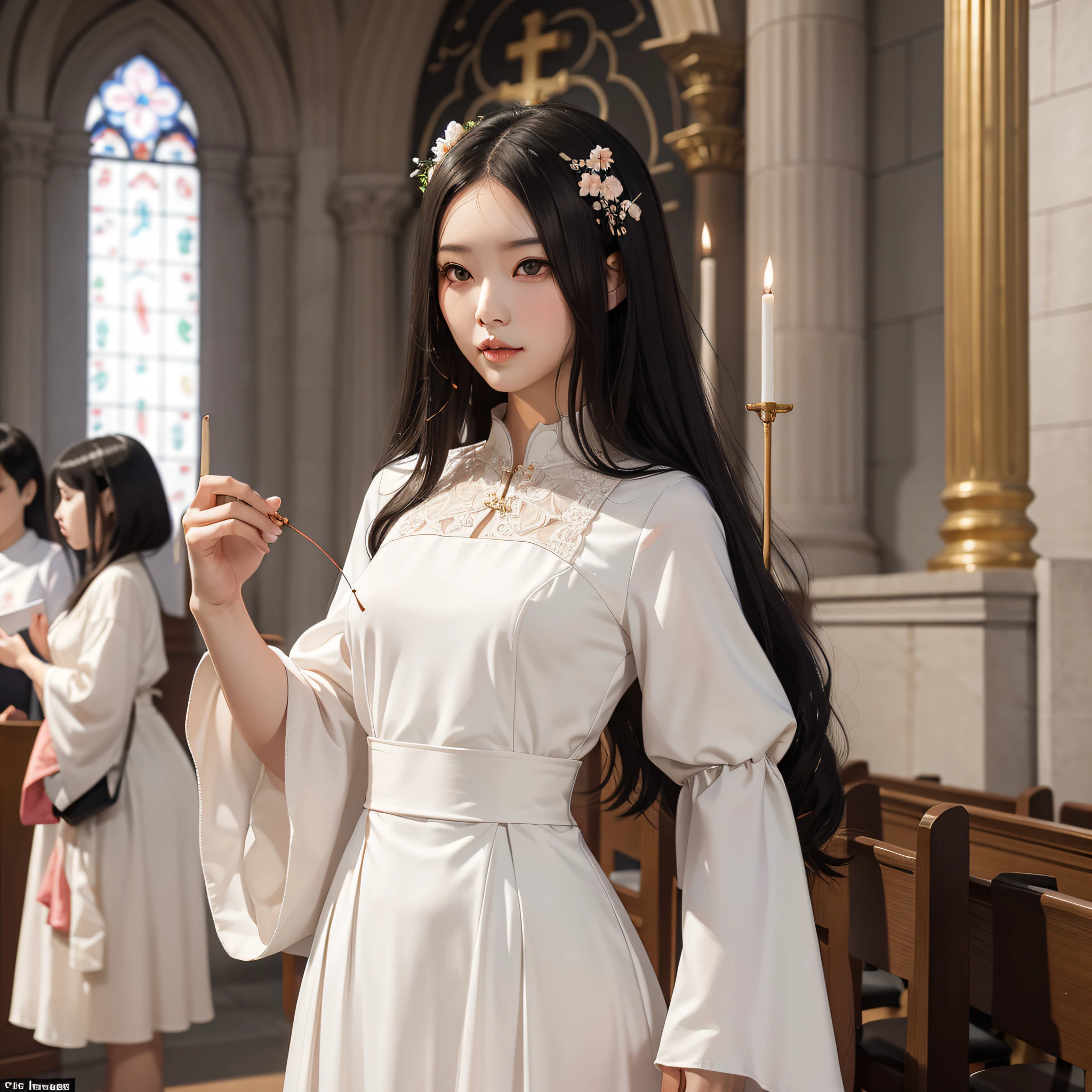 A woman with a tall figure, small face, long straight black hair, double eyelids, peach blossom eyes, high nose, cherry small mouth, melon seed face, wearing a white long dress, making a wish to Jesus in the church