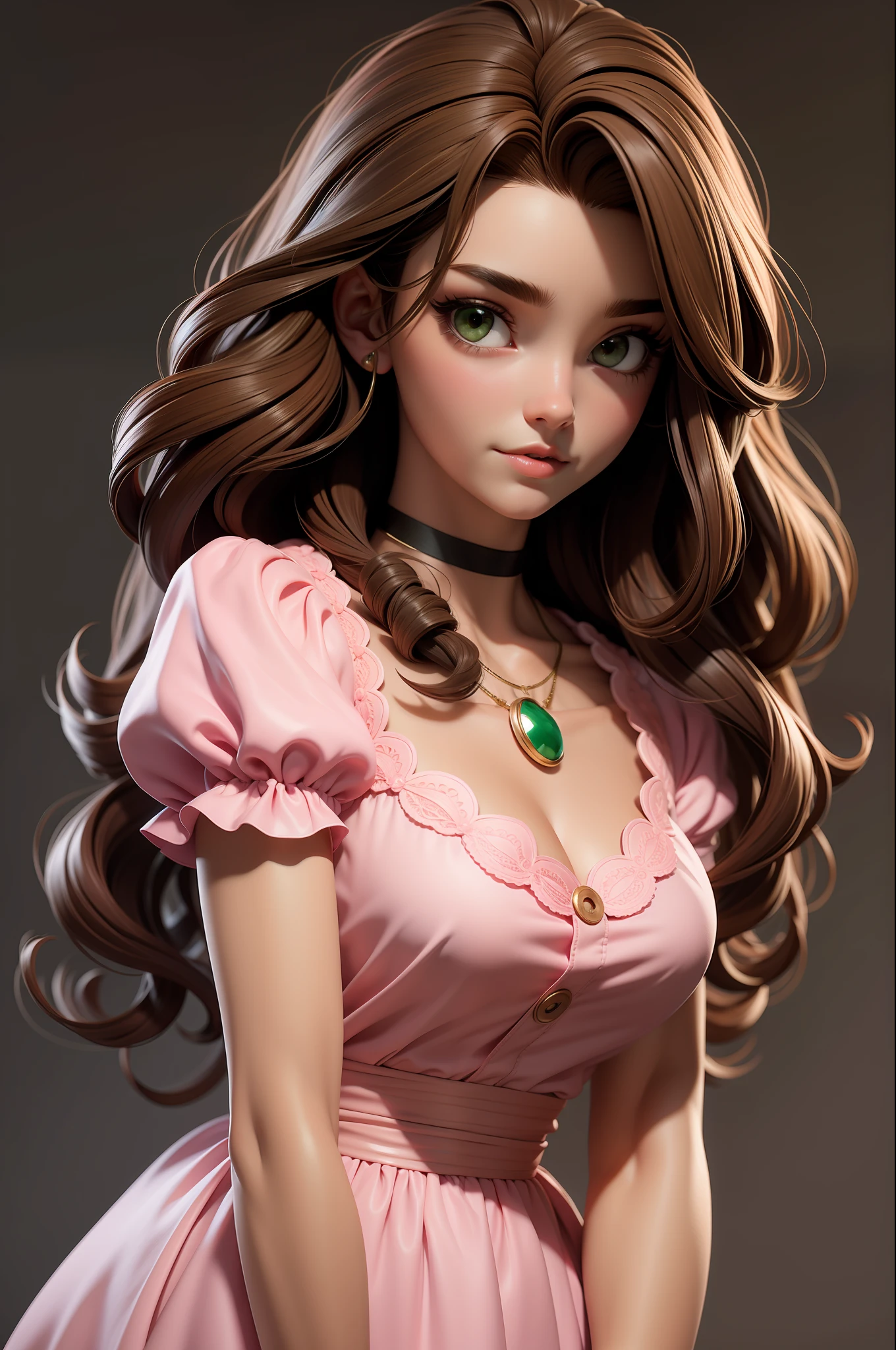 masterpiece, best quality,3d rending work ,3DMM style,close-up,portrait, 3D,1girl, solo, brown hair, string necklace, looking to the side, realistic, upper body, simple background, bangs, looking away, long black hair, parted lips, choker, makeup, long brown curly hair, green eyes, pink dress, cleavage, aerith gainsborough, aerith