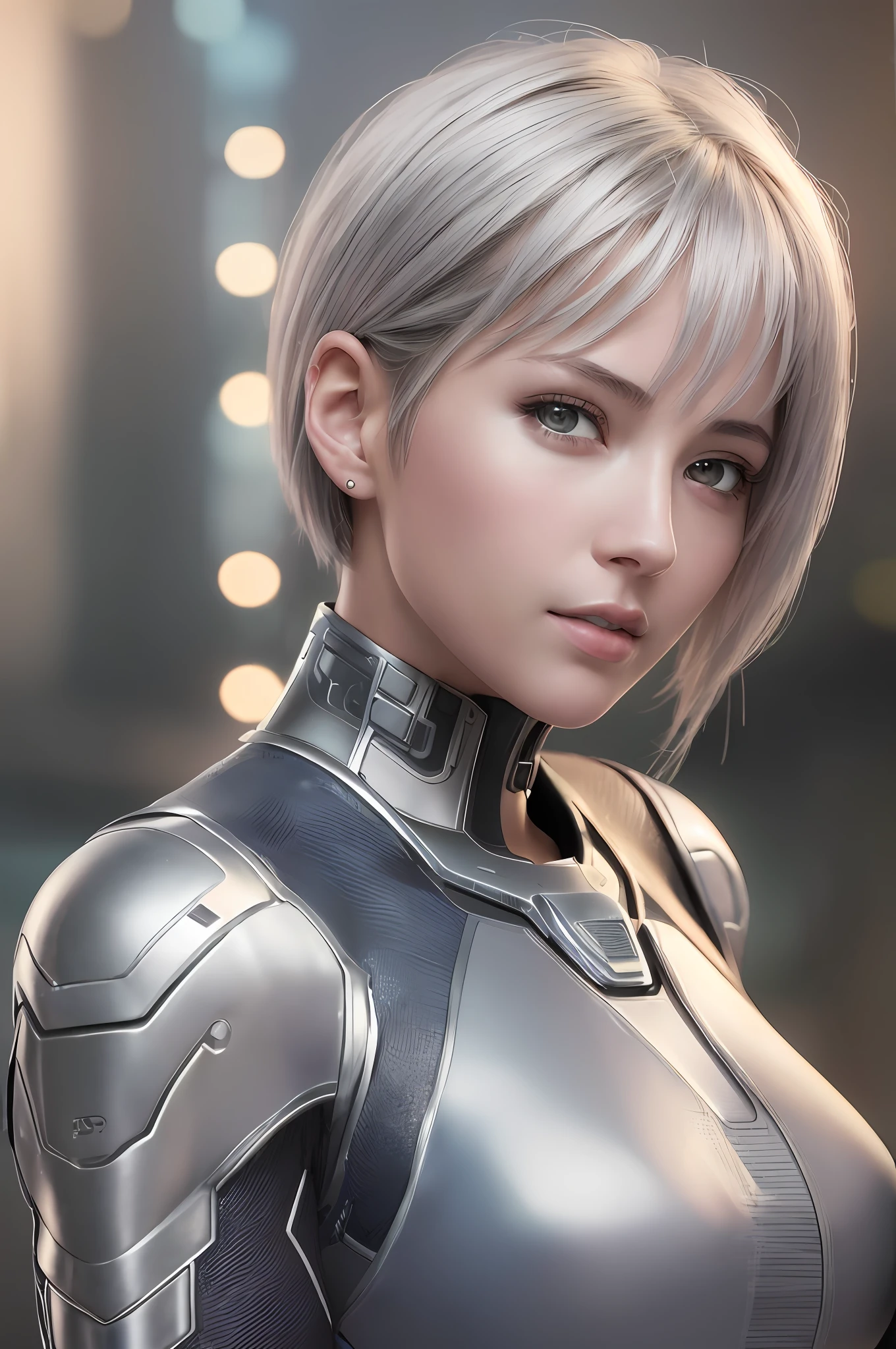 (8k, photorealistic, RAW photo, top quality: 1.4), (1girl), super beautiful, (realistic face), (boyish, silver-colored berry short hair), beautiful cyberpunk suit, glares seducing viewer, beautiful expression, beautiful breasts, (realistic skin), beautiful smile, (soldier), attractive, ultra high resolution, ultra realistic, high definition, spoiled