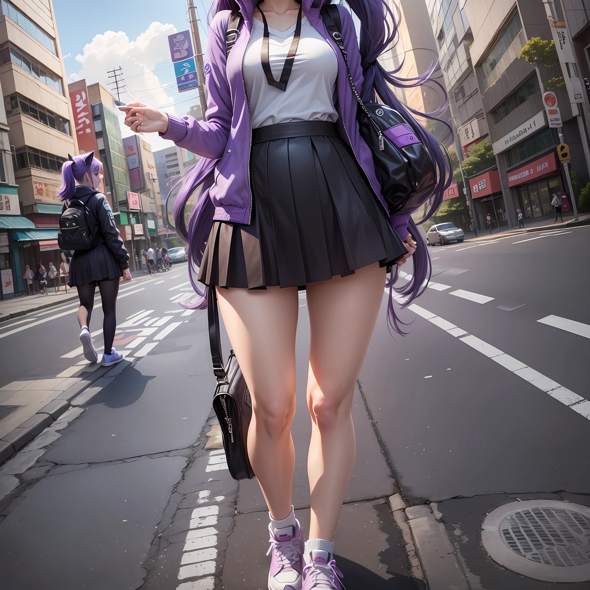 A teenage girl, hair pinned up, purple hair, sky blue eyes, cat ears, black cats, Neko, shoe uniform, in Tokyo, as a my Hero Academy character