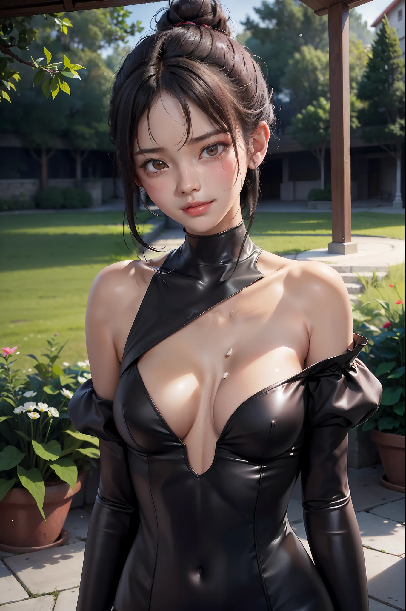 (Best Quality: 1.1), (Masterpiece: 1.2), Portrait,
1 Girl, yuzuriha_, Black hair, Brown eyes, Ninja, Off shoulder, Cleavage, Small tits, Top knot, Mid-haired, Detached breasts, White band, Grinning, Outdoors, (blush:1.1), Flowers,
Pure_Innocent_girl, pureerosface_v1, ((torso))), subjective, (((depth of field)))), pale and shiny skin, sweaty, skin wet, embarrassed, embarrassed, cheeks blush