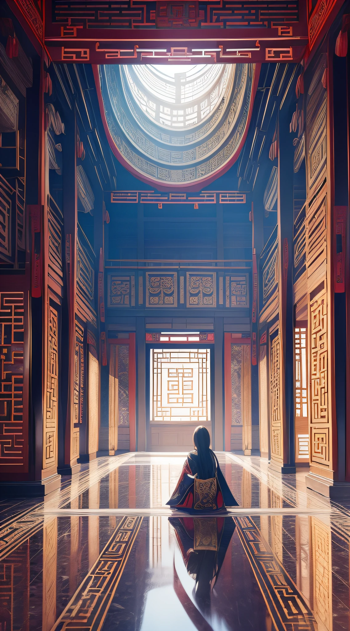 Panorama painting, epic ink painting, a hall of ancient Chinese architecture, exquisite interior decoration, one person sitting alone in the middle of the hall, depth of field effect, imaginative, fantasy, high-end color matching, can't believe how beautiful, spectacular, square, 16K