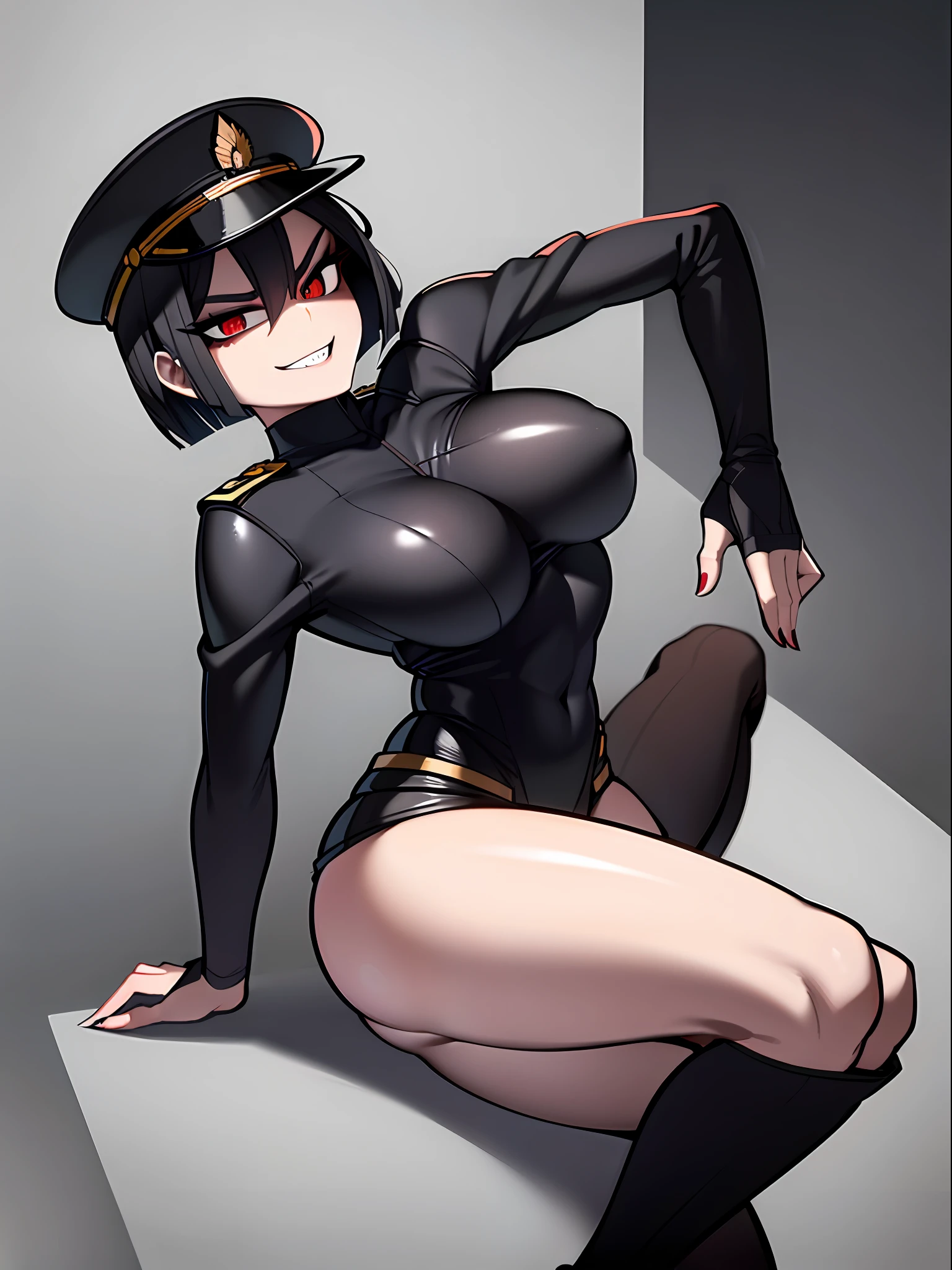 ((Masterpiece, top quality, super definition, ultra definition)), Solo, (Full body), ((27-year-old goth woman in German official black leather uniform)), ((wearing a black army leather hat)), ((Clear expression of body unevenness)), looking at the camera, (sitting with her back to the wall and bent knees), female body, (breasts to show (covered nipple)), ((nipple lozenges): 1.2), ((absurdly large breasts)), red eyes, ((black hair bob)), horizontal seat, yandere, (strong makeup), constricted pupils, black pupils, (detailed hands), ((tall woman)), ((sadistic smile)), sharp focus, dynamic angle, deep shadows, simple background
