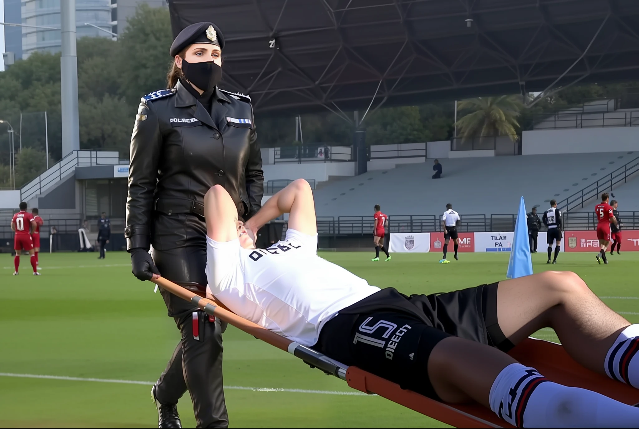 THERE IS A POLICEWOMAN WEARING A SHINY BLACK LEATHER COAT, shiny LEATHER COAT, a LONGHAIRED POLICEwoman without face-mask is wearing a very high-gloss and waterproof leathercoat and shiny leather pants, the policewoman is carrying a stretcher in a sports stadium, on the stretcher lies a young Caucasian football player, the football player is wearing a white short-sleeved shirt and black shorts, the soccer player is lying on his back on the stretcher and is covering his face with both hands, the maskless policewoman is angry and shouts out loud, the policewoman is frightened and looks very concerned, the policewoman is loving the soccer player and is sending enormous amorous looks to him, the policewoman is carrying the stretcher out of the soccer field, the sports field in the background is a soccer field with a large visitors' stand, a soccer match is playing in the background, the sports field in the background is a soccer field with a large visitors' stand, a soccer match is playing in the background, dramatic action pose, dramatic suffering pose, accident scene, first-aid-scene, theatralic pity poses