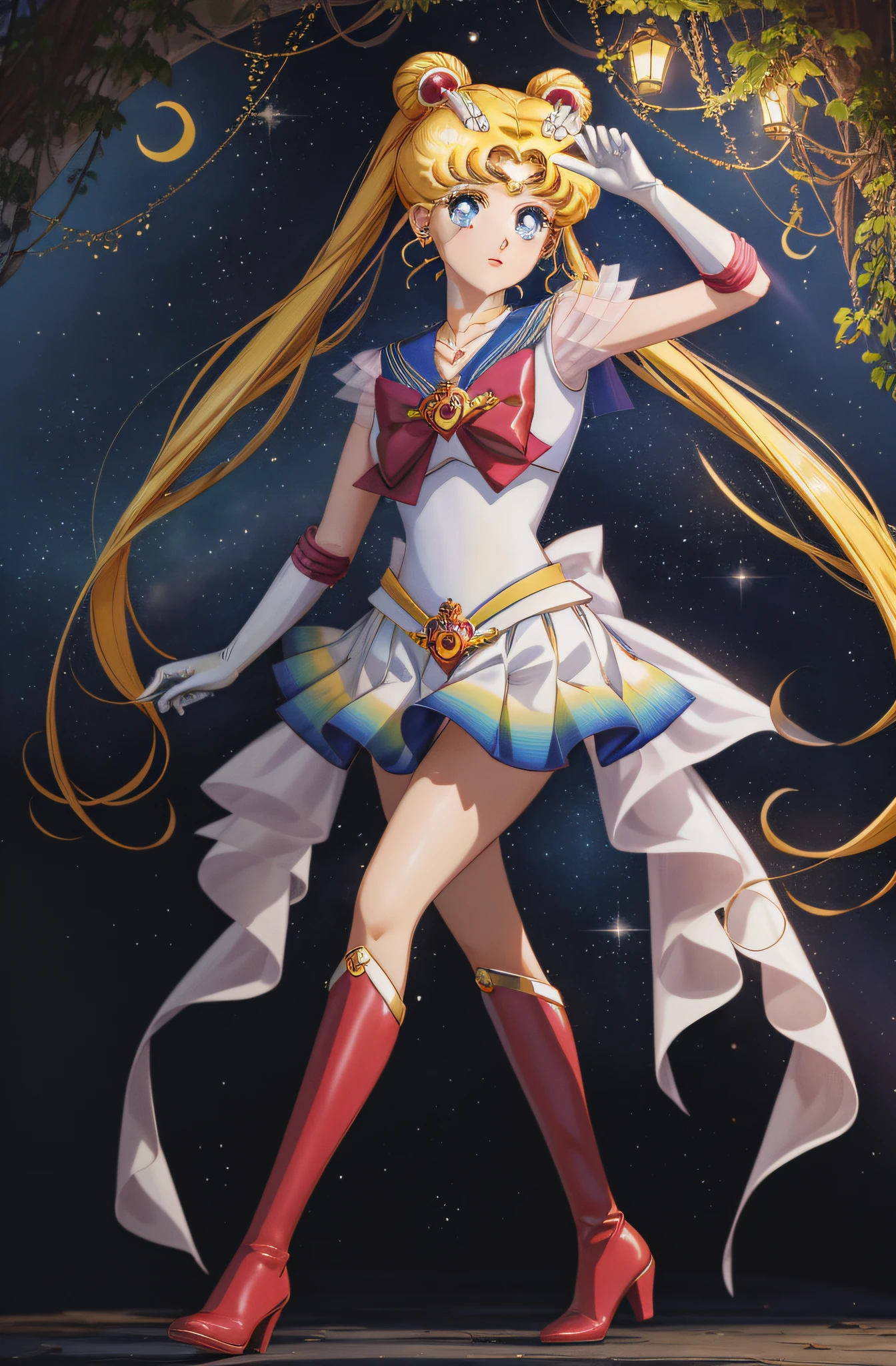 Masterpiece, best quality, (1 girl), super sailor moon, denim shot, night sky, moonlight, evening, white gloves, blue eyes, galaxy background, multicolored clothes, sailor senishi uniform, multicolored skirt, hair ornament, red bow, brooch, heart brooch, earrings, crescent, heart necklace, heart, very long hair, crescent moon earrings, tiara, yellow necklace, boots, knee boots, red shoes