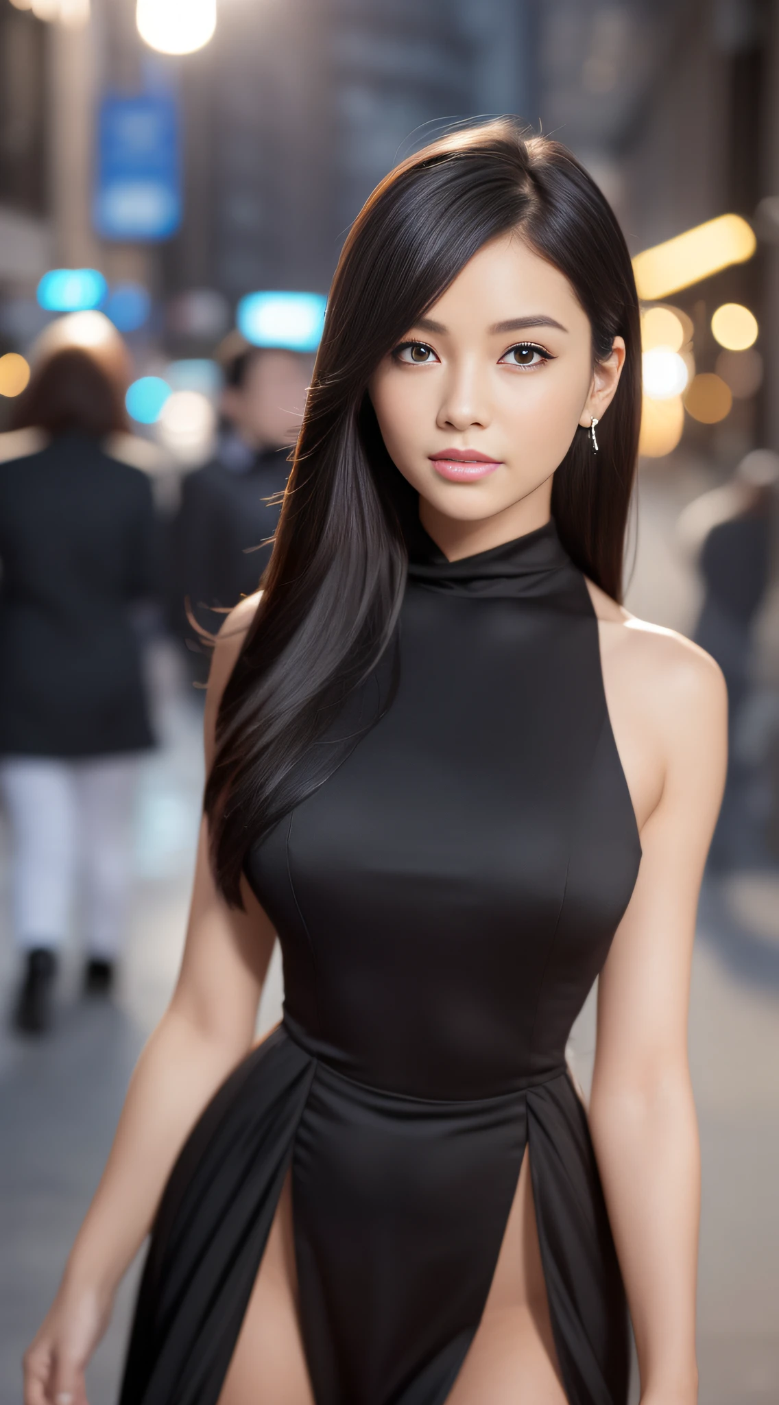 sexy black dress with open neckline (realistic photo: 1.4), (hyper realistic: 1.4), (realistic: 1.3), (softer lighting: 1.05), (increase the quality of cinematic lighting: 0.9), 32K, 1 girl, 20 years, realistic lighting, backlight, light on the face, ray trace, (bright light: 1.2), (increase quality: 1.4), (skin with real texture of better quality: 1.4), smiling,  happy, finely detailed eyes, finely detailed face, black hair, finely quality eyes, (joy, flush, smile, happiness), close-up of smile face, (Increase body line mood: 1.1), (Increase skin texture beauty: 1.1) (black dress with open neckline), (cold colors), damp, reflections, background in the night street with many people (masterpiece) (perfect proportion)(realistic photo)(best quality) (detailed) photographed on a Canon EOS R5,  50mm lens, F/2.8, HDR, (8k)