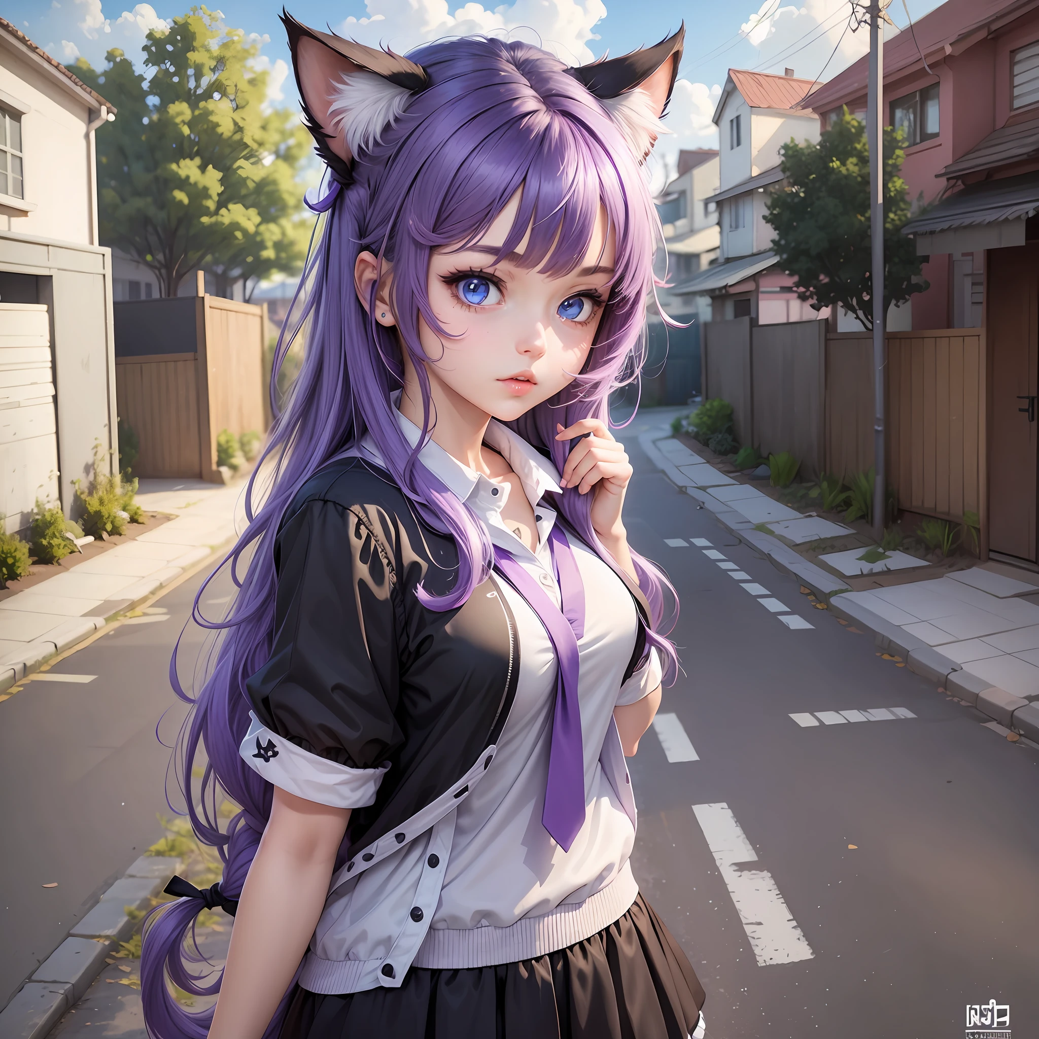 A  girl, pinned up hair, purple hair, sky blue eyes, cat ears, cats black, Neko, shoe uniform, VTuber model