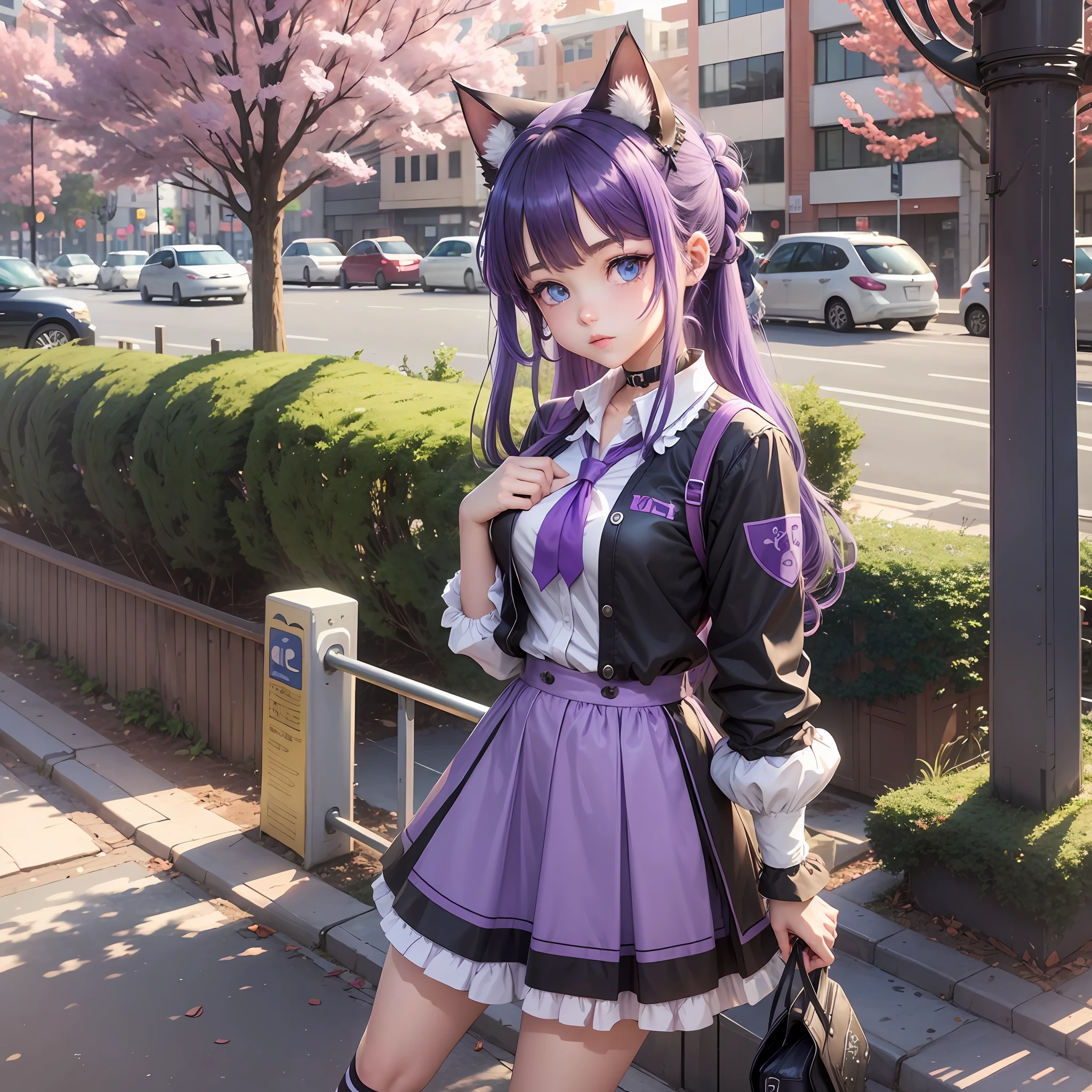 A girl, pinned up hair, purple hair, sky blue eyes, cat ears, cats black, Neko, shoe uniform, VTuber model