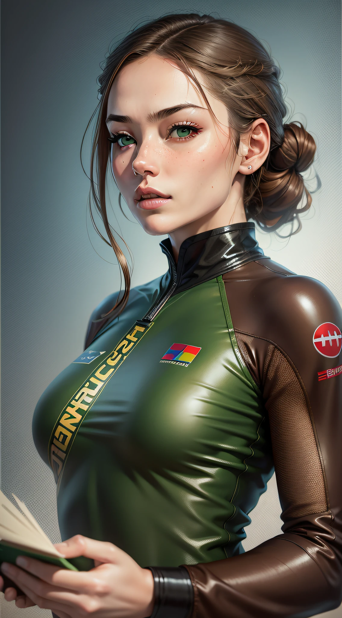woman, solo, green eyes, brown hair, medium plane, (verism style:0.9), masterpiece, professional, high quality, beautiful, amazing, mid-century, flickr, rash guard, photo shoot, 4k, realistic, detailed background, fascinating, (ridiculous:0.8), by Kim Jung Gi, by Gaston Bussire,