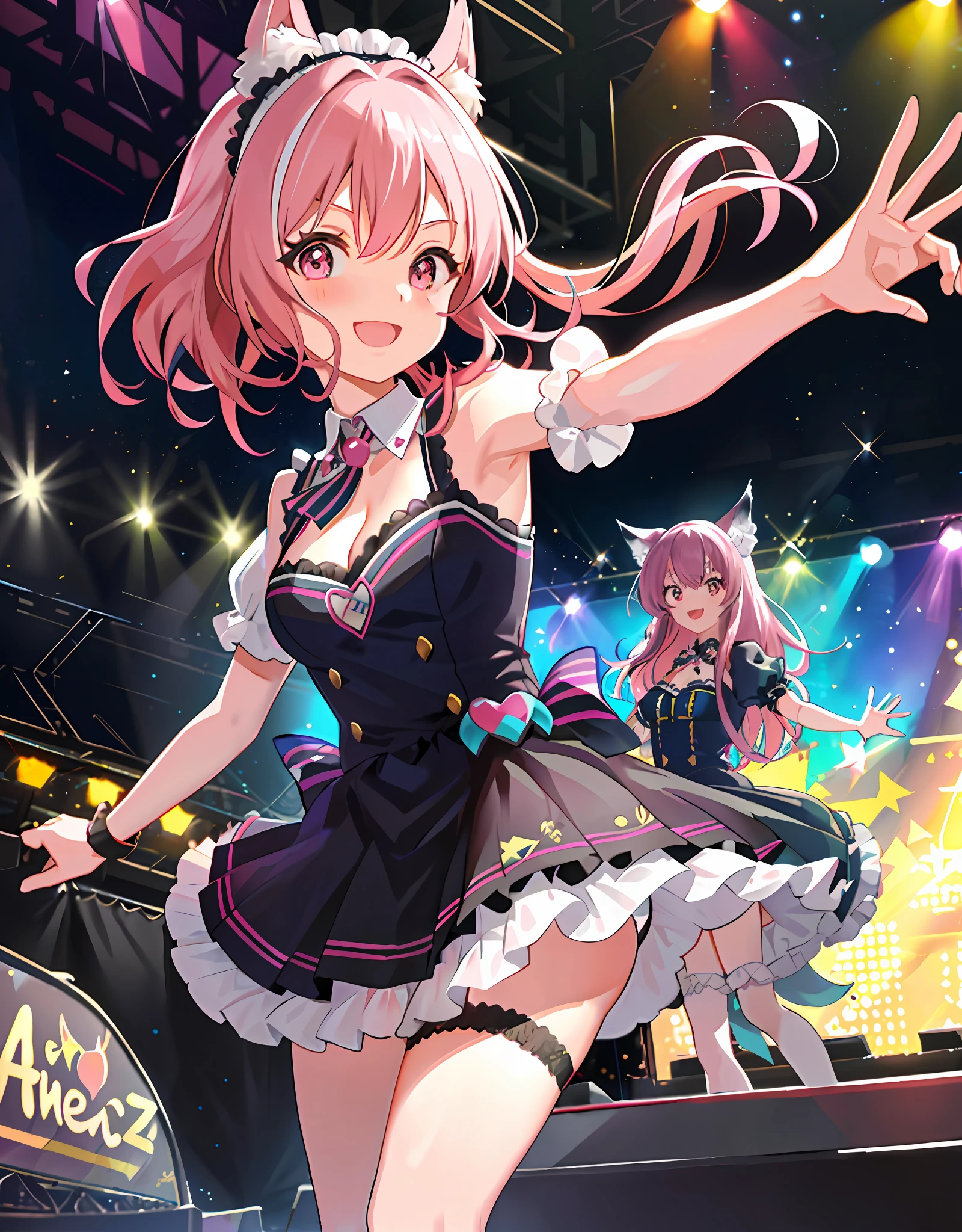 Dynamic Angle, 8k, Thick Paint 5, Upper Body, 2 Girls, Smile, Wolf Ears, Wolf Tail, Pink Eyes, Hair Between the Eyes, Striped Hair, Striped Hair, ((Colorful Hair Color: 1))))), (((Random Hair Color: 1))), Variegated Hairstyles: 1, D Cup, Cleavage, Completed Human Arms, Perfected Human Fingers 4, Noble, Mini Ruffled Dress, Love Live Costumes, Idolmaster Costumes, Jewels, ((On the stage of the large bus trailer))), hold the microphone with your left hand: 5, best live, professional lighting, concerts, guerrilla live, get the city of Shibuya in the background, a lot of customers, ((Panchira, cute panties)))