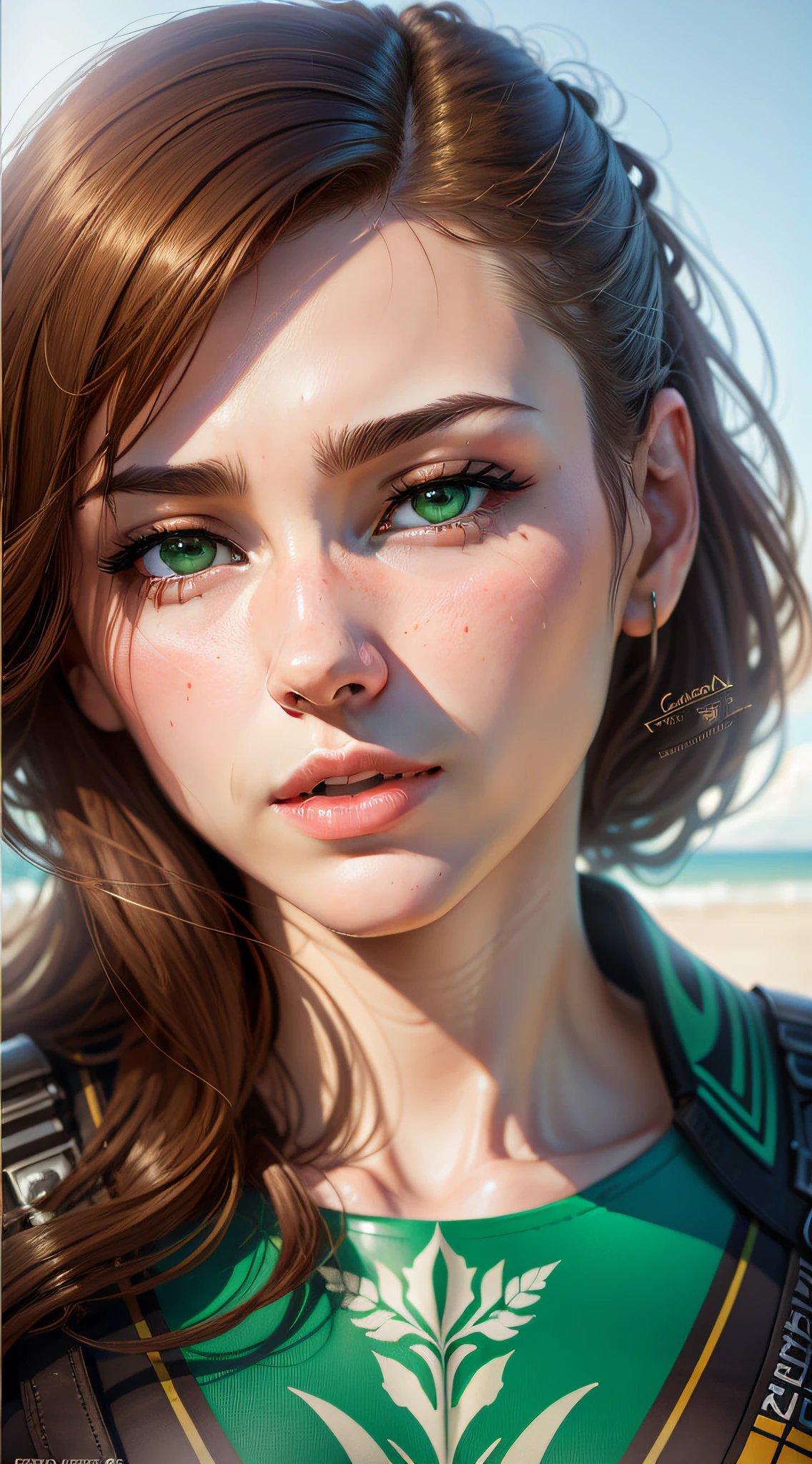 woman, solo, green eyes, brown hair, medium plane, (verism style:0.9), masterpiece, professional, high quality, beautiful, amazing, mid-century, flickr, rash guard, photo shoot, 4k, realistic, detailed background, fascinating, (ridiculous:0.8), by Kim Jung Gi, by Gaston Bussire,