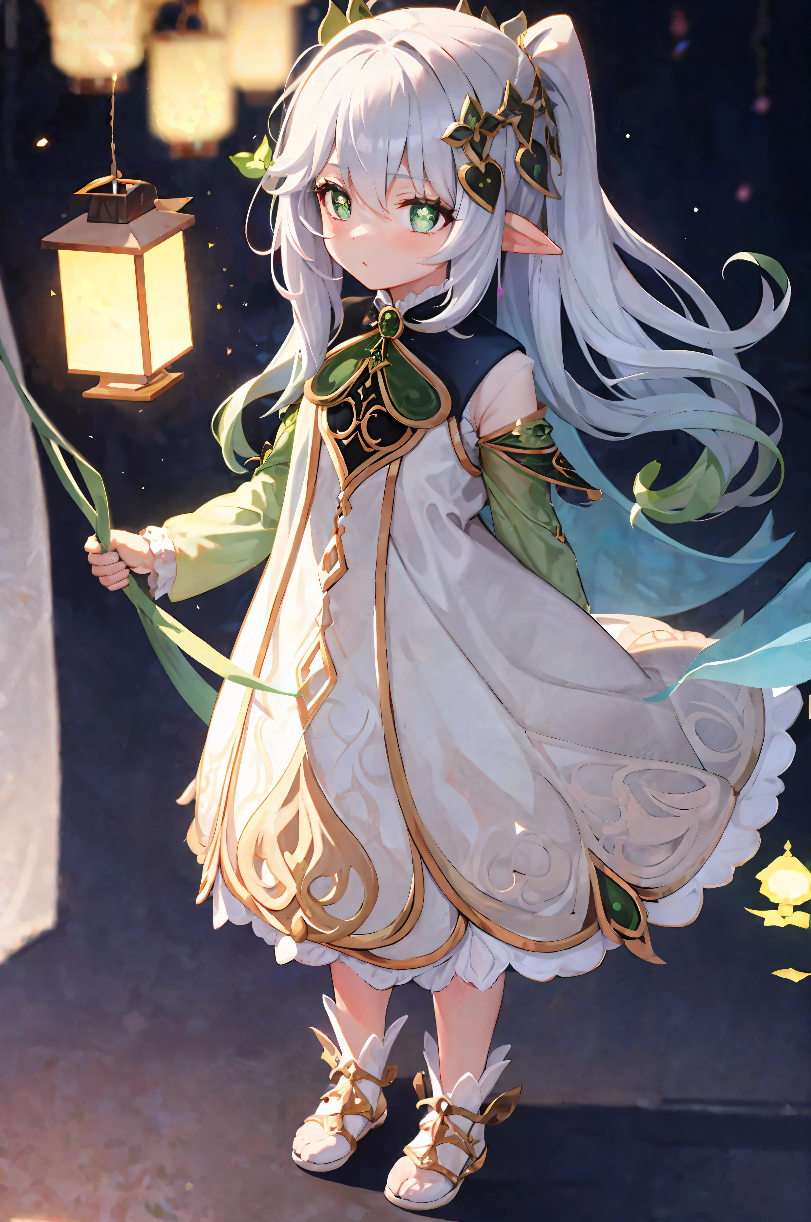 (Extremely delicate beauty: 1.2), 1girl, standing, full body, bangs, backlight, blurred, blurred background, bow, shut up, seen from the side, hair bow, lantern, light particles, long sleeves, looking at the audience, solo