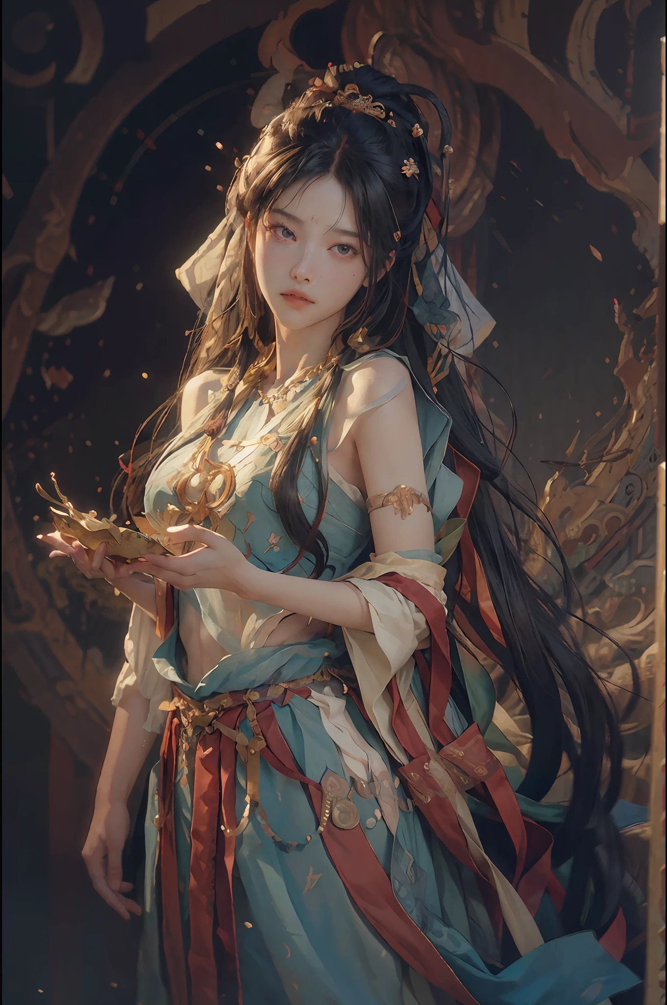 (RAW photo, best quality), (realistic, photo-realistic:1.3),best quality,highly detailed,masterpiece,ultra-detailed,illustration,1girl,upper_body,dynamic angle,world masterpiece theater,messy_long_hair,best quality,extremely detailed CG unity 8k wallpaper,ink,Amazing,cinematic lighting,lens_flare, dunhuang_style