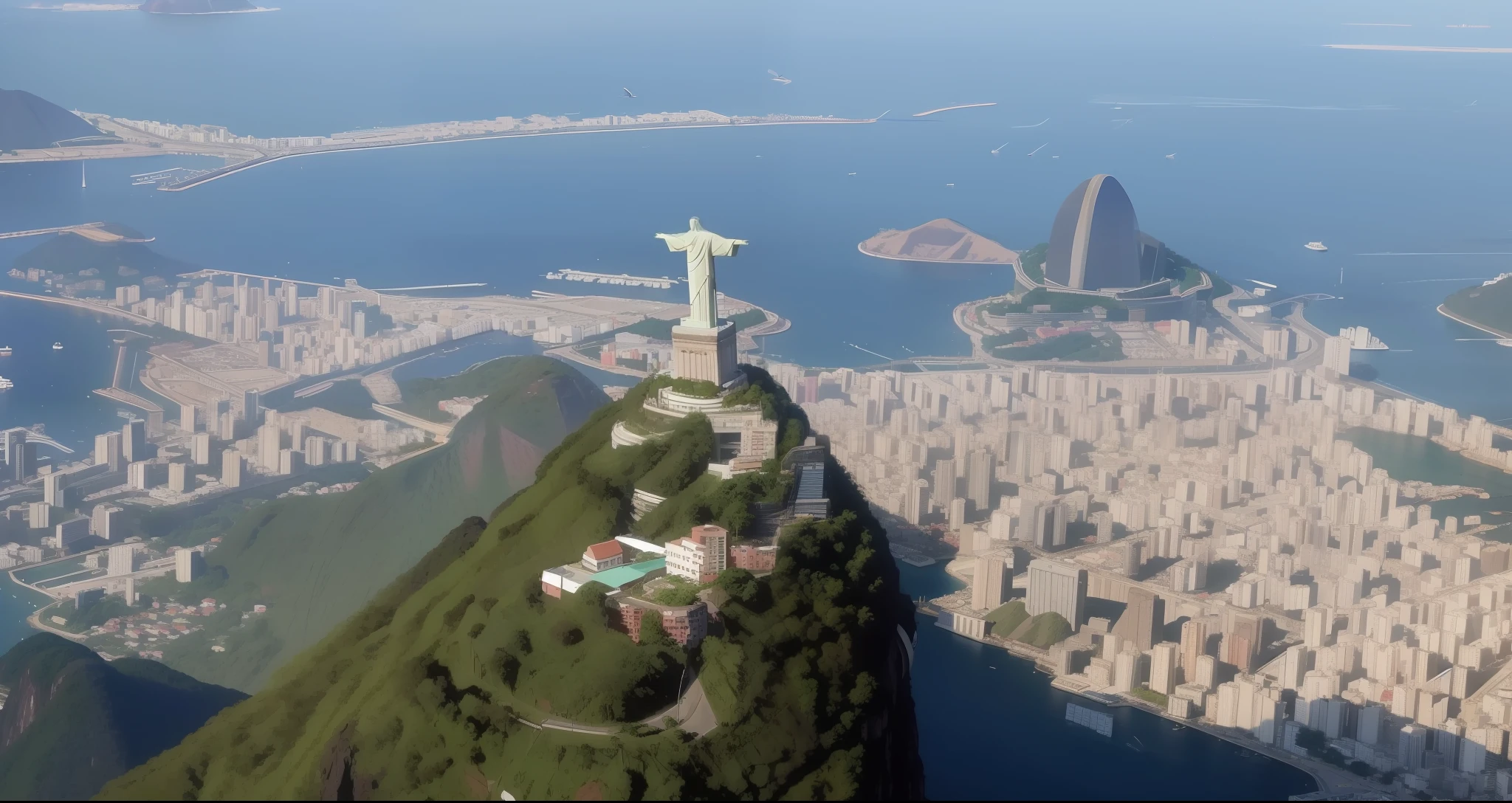 arafed view of a city with a statue on top of a mountain, rio de janeiro, cristo redentor, christ the redeemer, rio de janeiro in an anime film, rio de janeiro favela, favelas in rio, by Herbert MacNair, by Felipe Seade, brazil, brazilian, by Fernando Gerassi, favelas, oscar niemeyer