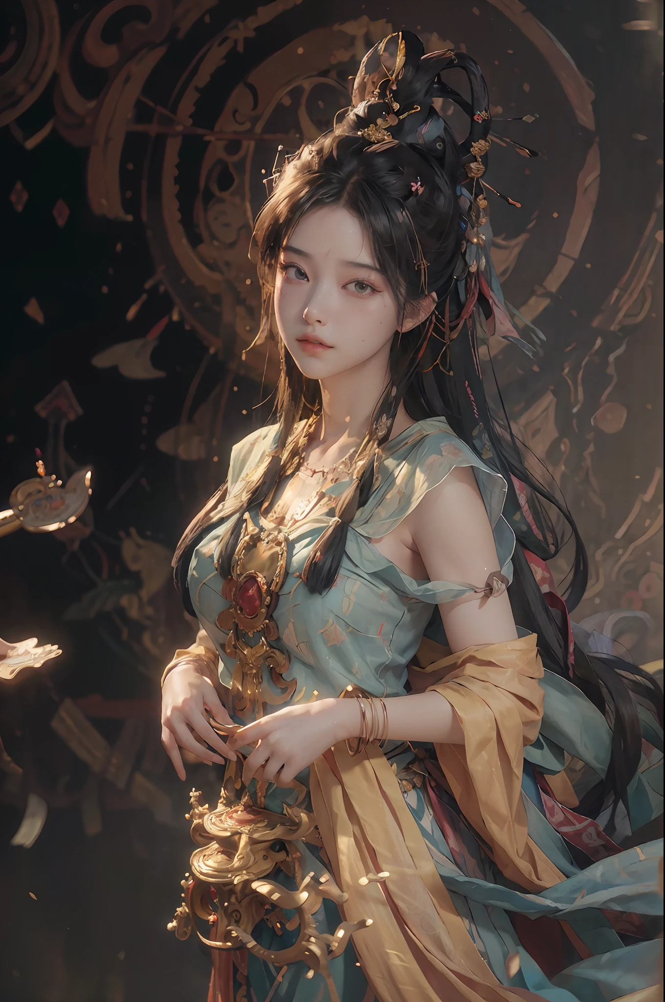 (RAW photo, best quality), (realistic, photo-realistic:1.3),best quality,highly detailed,masterpiece,ultra-detailed,illustration,1girl,upper_body,dynamic angle,world masterpiece theater,messy_long_hair,best quality,extremely detailed CG unity 8k wallpaper,ink,Amazing,cinematic lighting,lens_flare, dunhuang_style