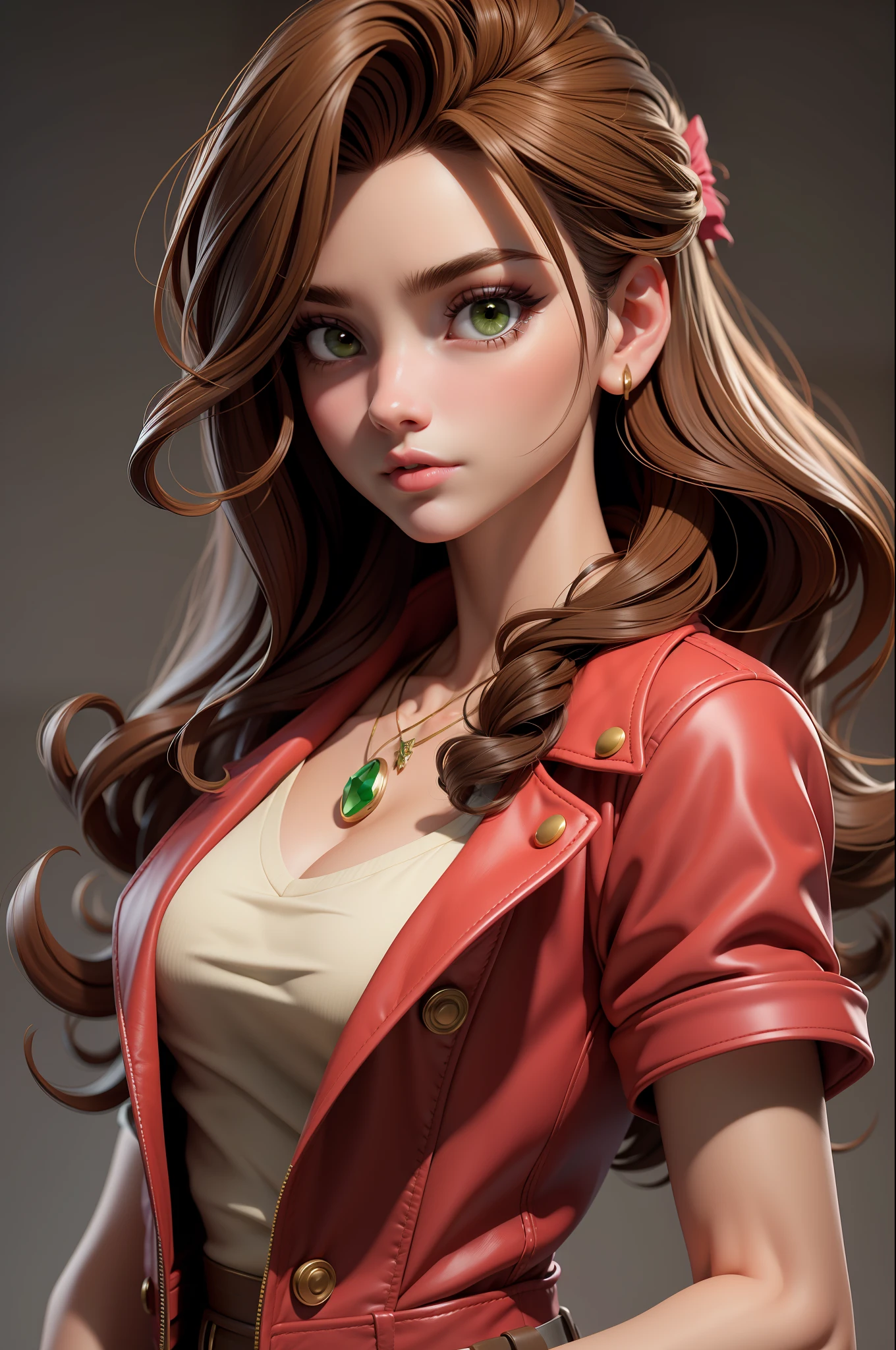 masterpiece, best quality,3d rending work ,3DMM style,close-up,portrait, 3D,1girl, solo, brown hair, string necklace, looking to the side, realistic, upper body, simple background, bangs, looking away, long black hair, parted lips, makeup, long brown curly hair, green eyes, small pink dress, red denim crop jacket, cleavage, aerith gainsborough, aerith