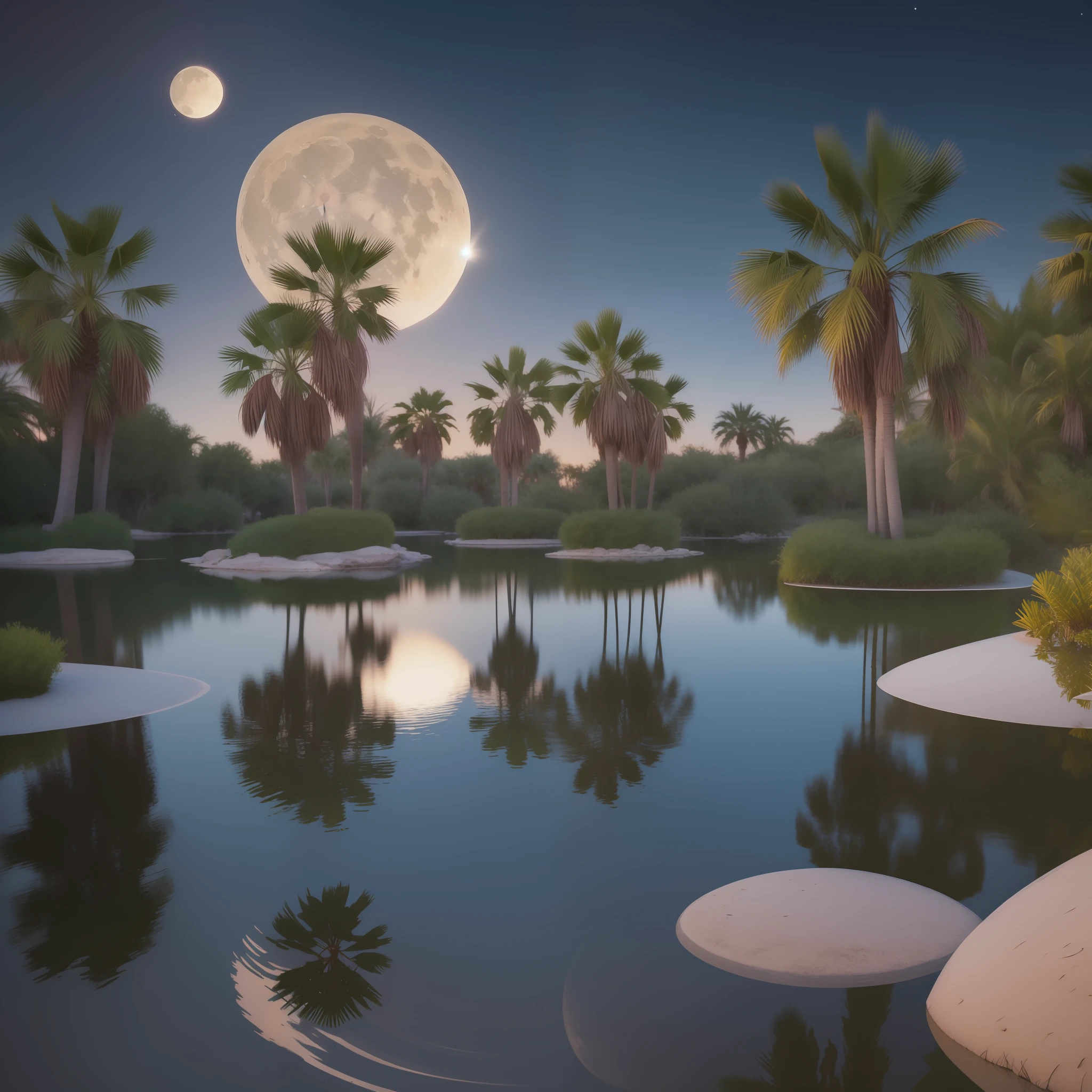 Small oasis with a small lake with three palm trees, in the center of a desert. At night with full moon that is reflected in the water. Photorealistic, hyperdetailed, high quality, 8k
