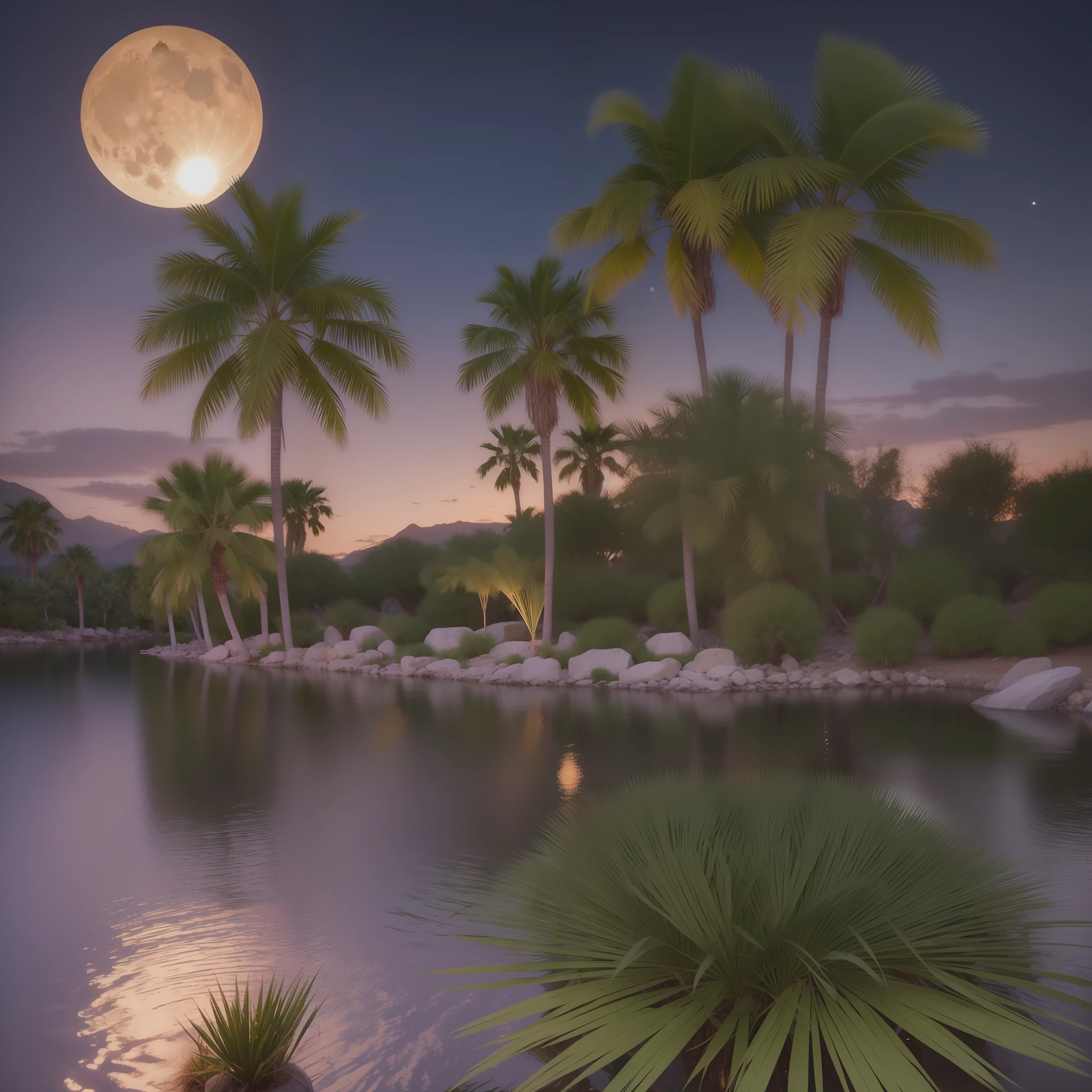 Small oasis with a small lake with three palm trees, in the center of a desert. At night with full moon that is reflected in the water. Photorealistic, hyperdetailed, high quality, 8k