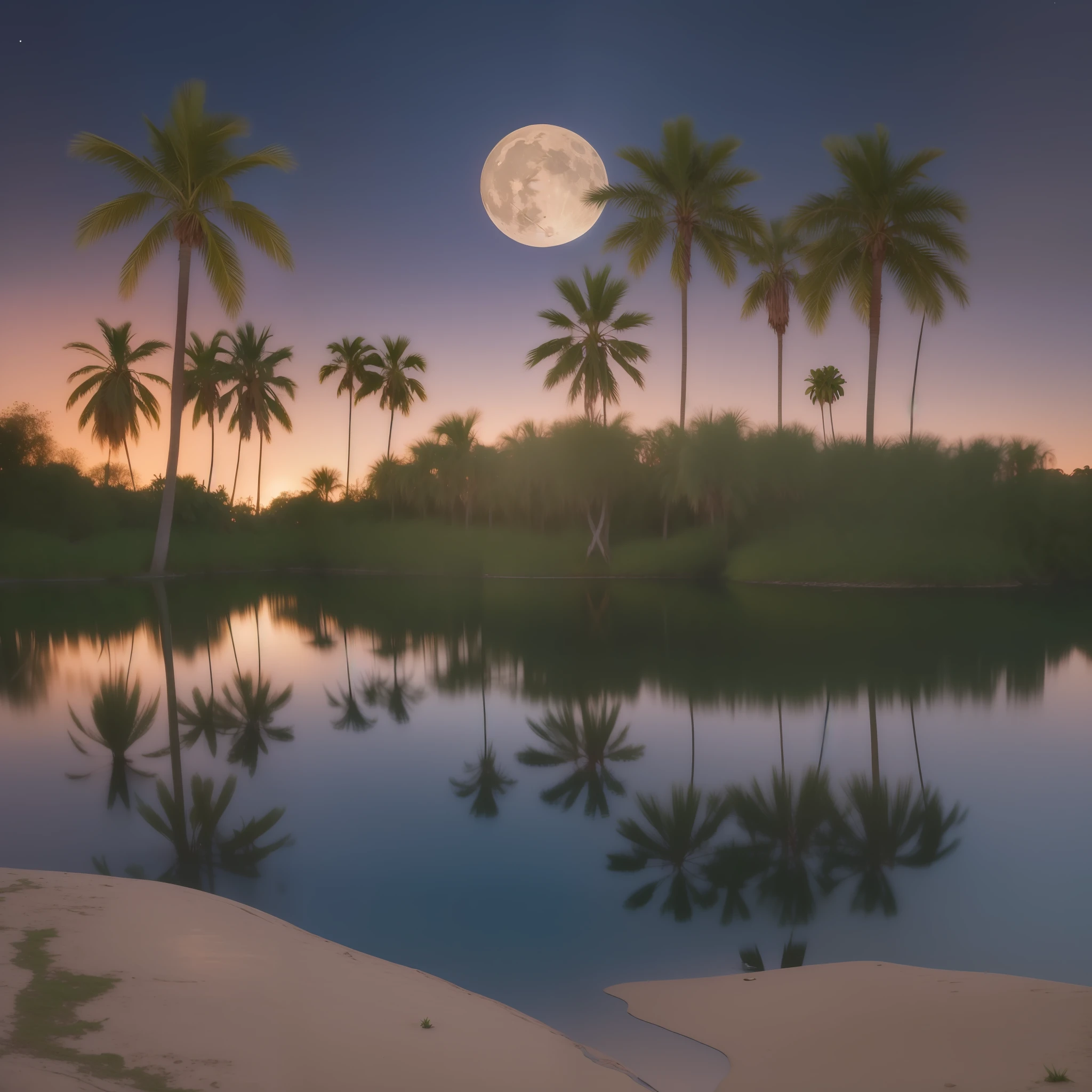 Small oasis with a small lake with three palm trees, in the center of a desert. At night with full moon that is reflected in the water. Photorealistic, hyperdetailed, high quality, 8k