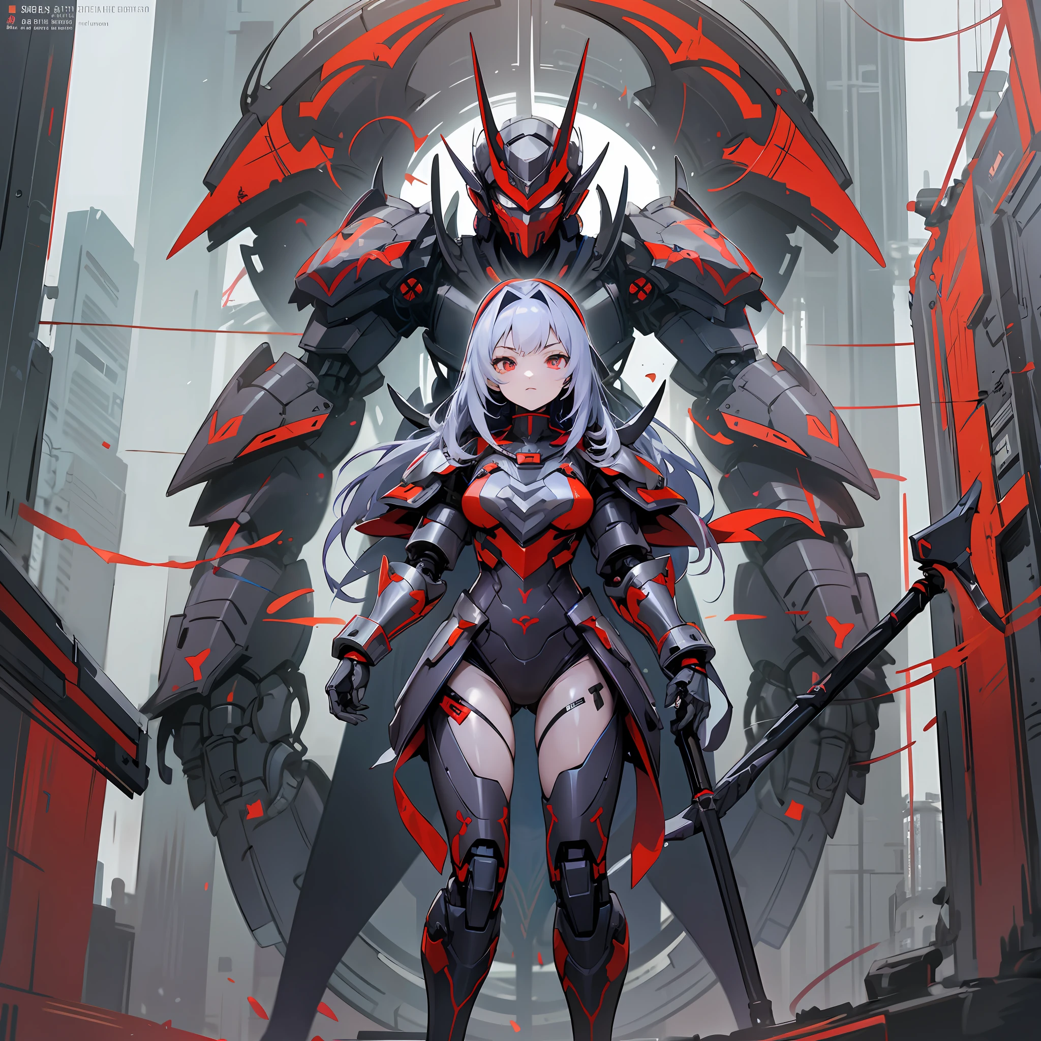 Crimson paint, villain, close-up of person in costume with scythe, cyber japan style armor, cyber japan armor, guyver style, girl in armor, monster hunter armor, full body mecha suit, perfect anime cyborg woman, cyborg noble woman, mecha cyber armor girl, detailed full body concept, female armor, anime character. Full Body Art --auto --s2