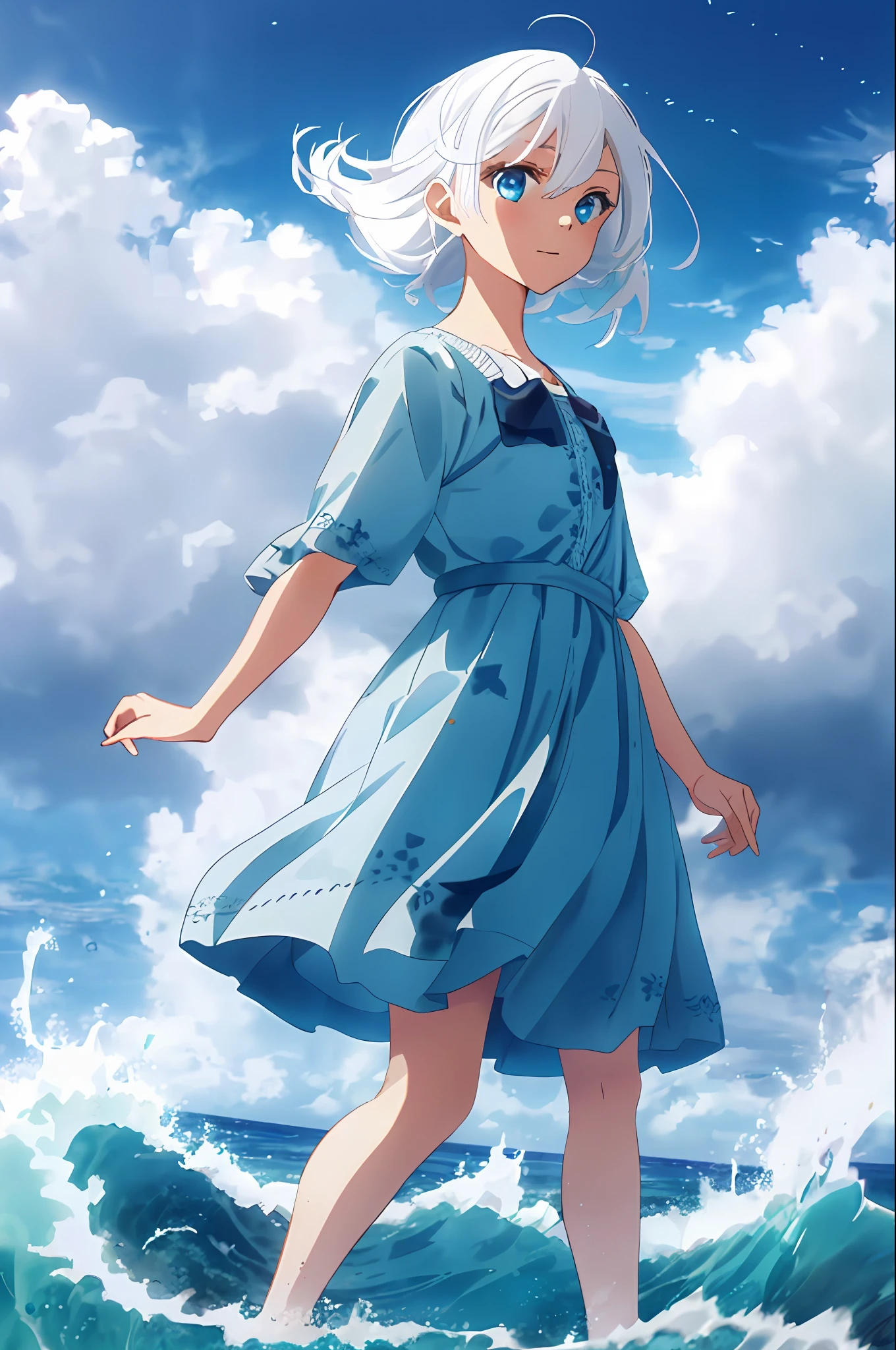 [(Cloud background: 1.5),::5] (Isometric: 1.0), 1 girl, medium shot, full body, ocean, waves, splash, sky, light particles, night, starry sky, sea and sky, dawn, white hair, blue eyes