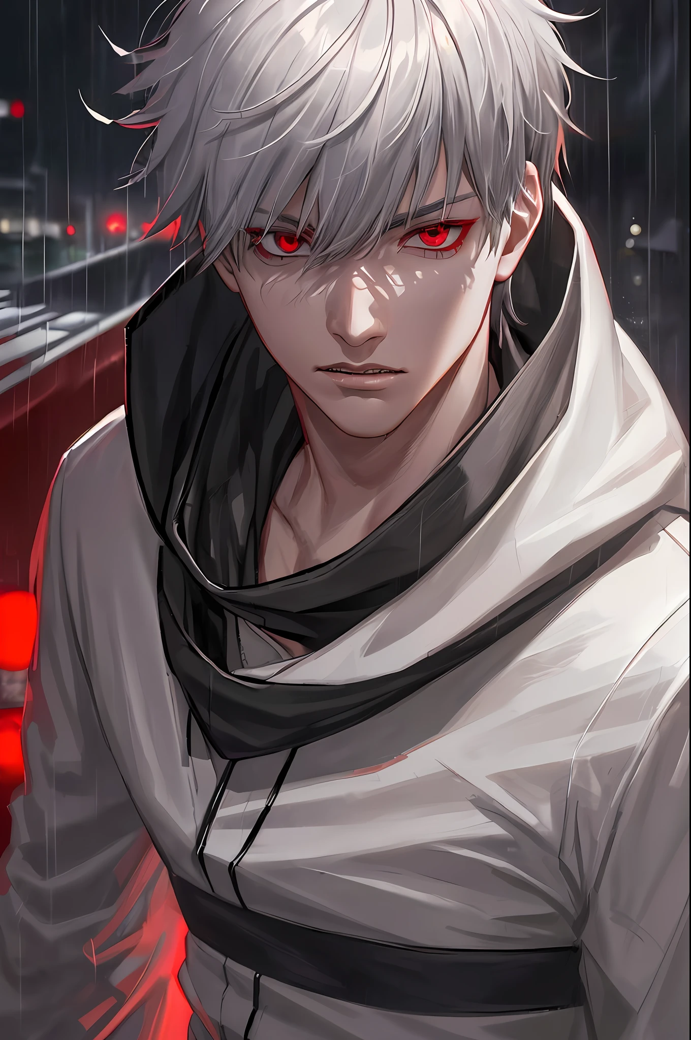 kk, best quality, more details, mastery, 1boy, kaneki ken, portrait, male focus, red eyes, solo, bangs, looking at viewer, hood, short hair, rain, tokyo tokyo (city\), bandana, nail polish, gray hair, luxury, 8k, detail, ray tracing , depth of field, cinema lighting,