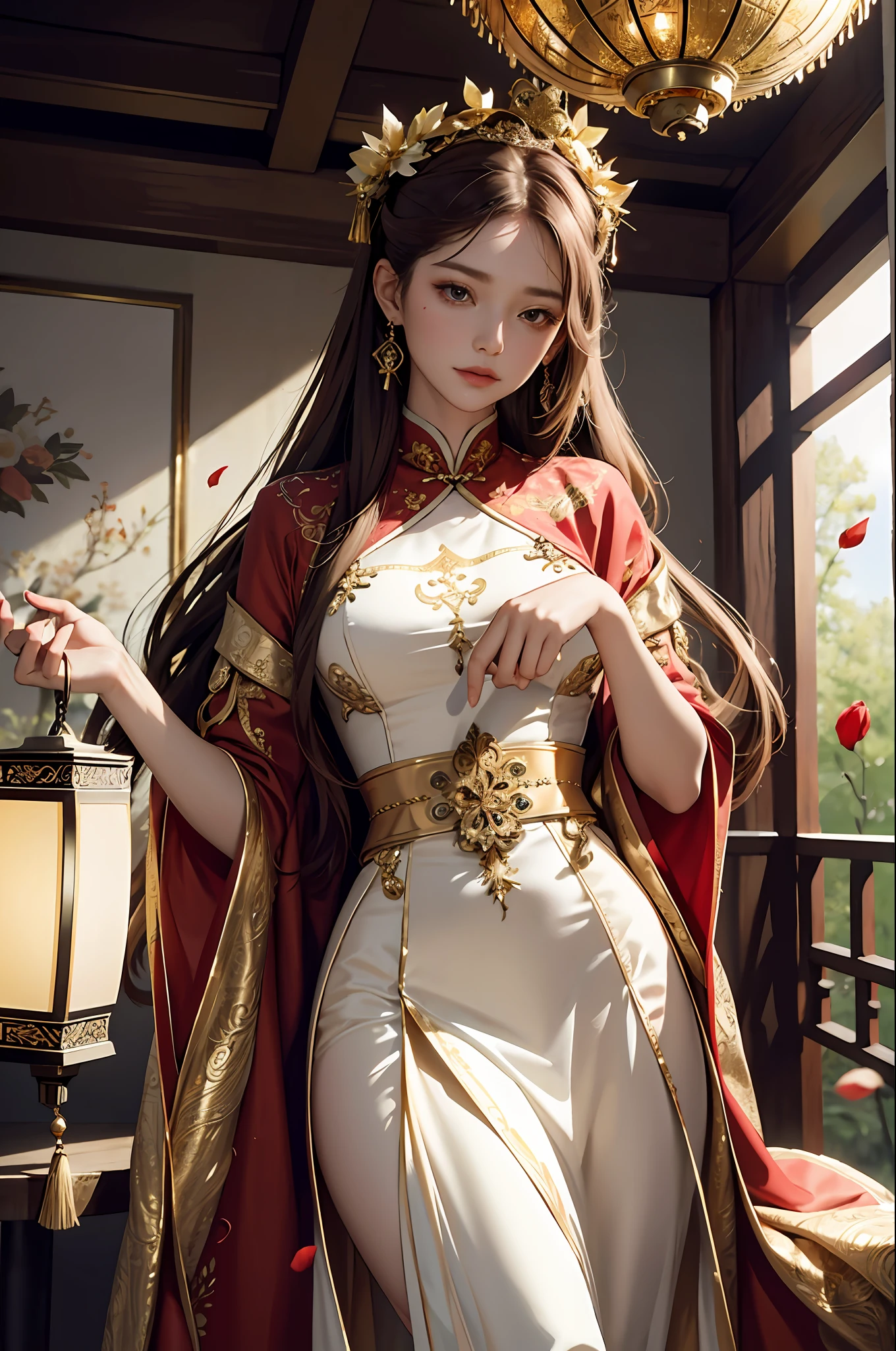 best quality, masterpiece, highres, (exquisite body:1.5),gorgeous face,(milky skin:1.3),intricate details,high resolution,wallpaper,
1girl, solo, dress, hair ornament, (((gold and red dress))), flowers, long hair, brown hair, closed mouth, jewelry, long sleeves, hand up, wide sleeves, big eyes,floating hair, chinese clothes, hanfu, embroidery, long skirt, natural pose, falling petals, indoor,fanning, lantern,
16K,HDR,highres,depth field,(film grain:1.1),boken,golden hour,(lens flare),vignette,rainbowing,(color grading:1.5)