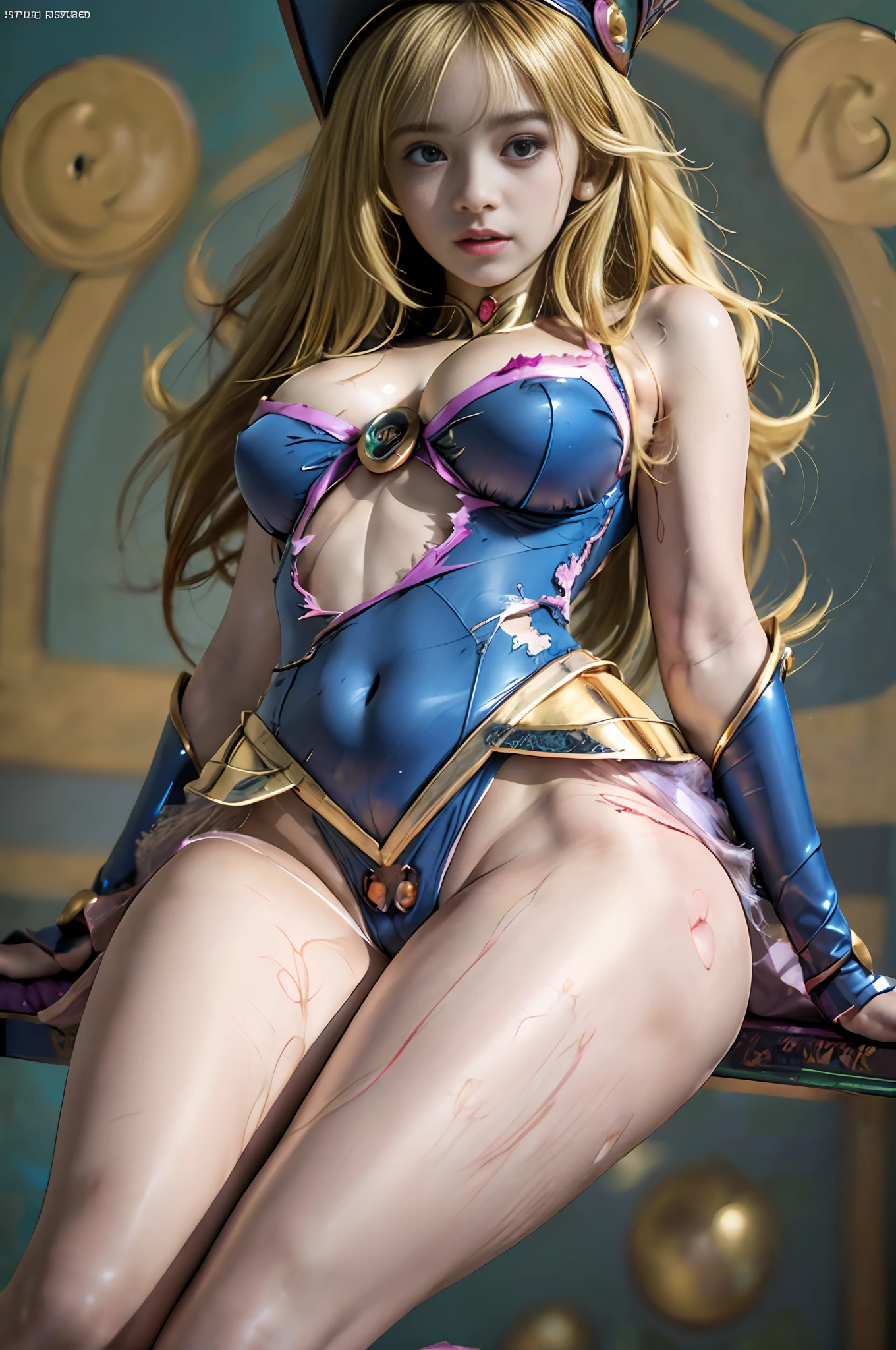 Masterpiece, top quality, ((((dark magicin girl)))), (((golden hair, beautiful blonde)), thin arms, thin legs, long hair, round breasts, only one girl, wet underwear, realistic skin, perfect and beautiful face, perfect and cute face, (standing knees, raised buttocks), (ultra-realistic), (illustration), (high resolution), (8K), (very detailed), (best illustration), (beautiful and detailed eyes), ( Best Quality), (Super Detail), (Masterpiece), (Wallpaper), (Detailed Face), Blue Hat, Torn Clothes, Embarrassing Look, Nipple Out), Sheer Nipples, Doggy Stile ((((Round Breasts)))), Small, Gap between clothes and breasts, slouch, sit with crotch spread over face