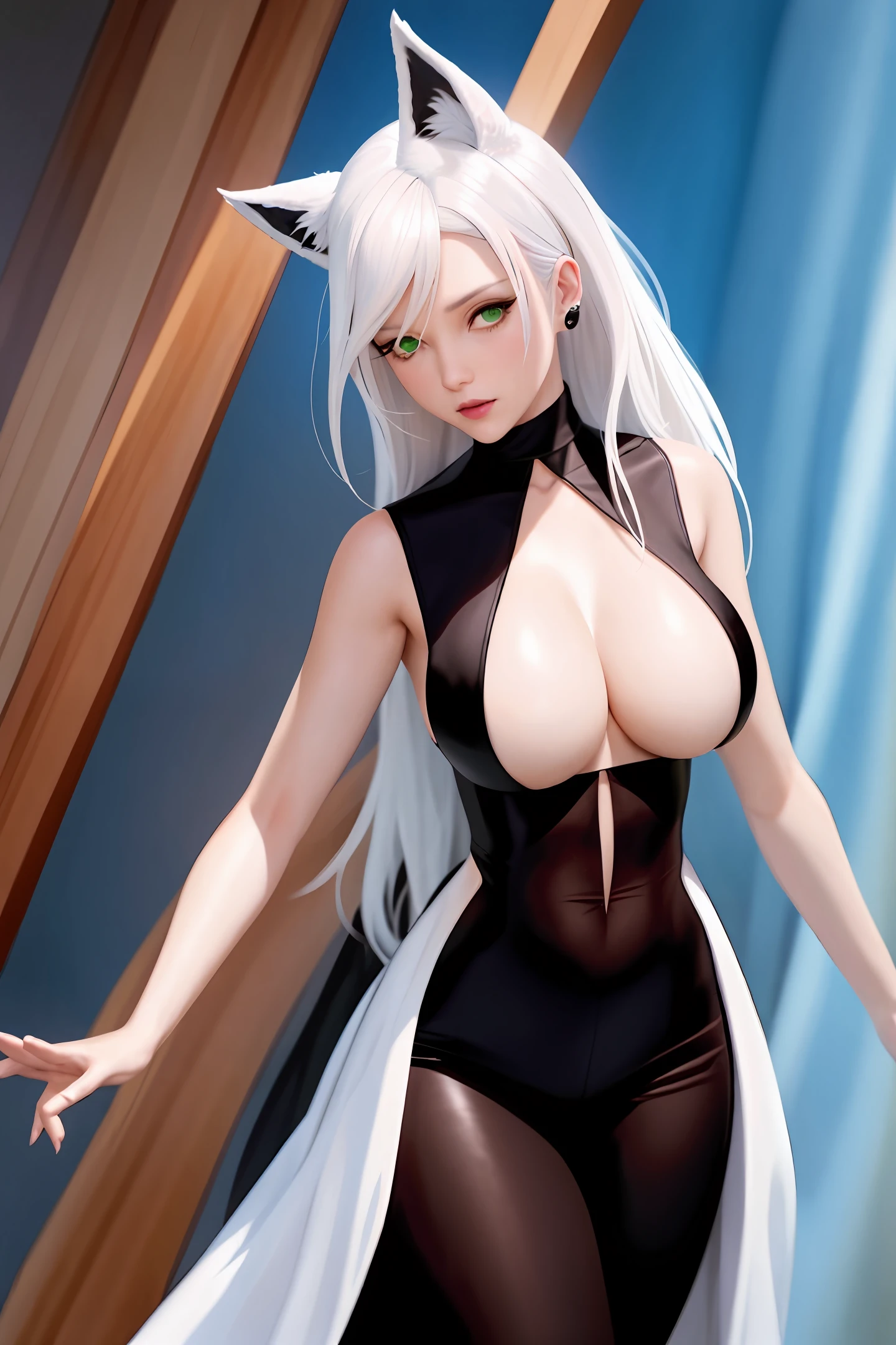 woman with wolf ears and tail,
white hair,
assassin,
black clothes, green eyes, adult woman, boobs