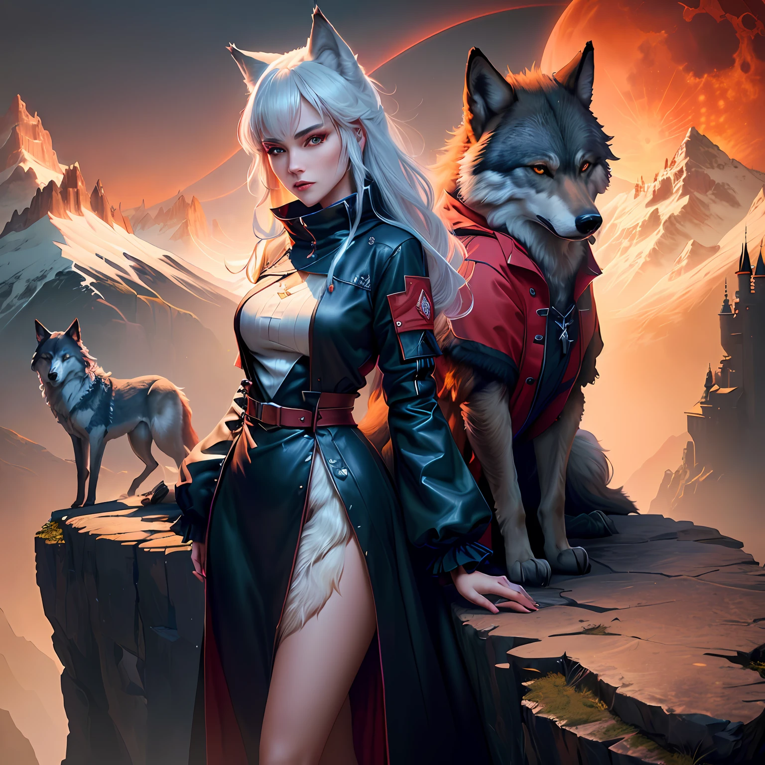 woman with wolf ears and tail,
long white hair,
assassin,
black clothes, green eyes, adult woman, boobs