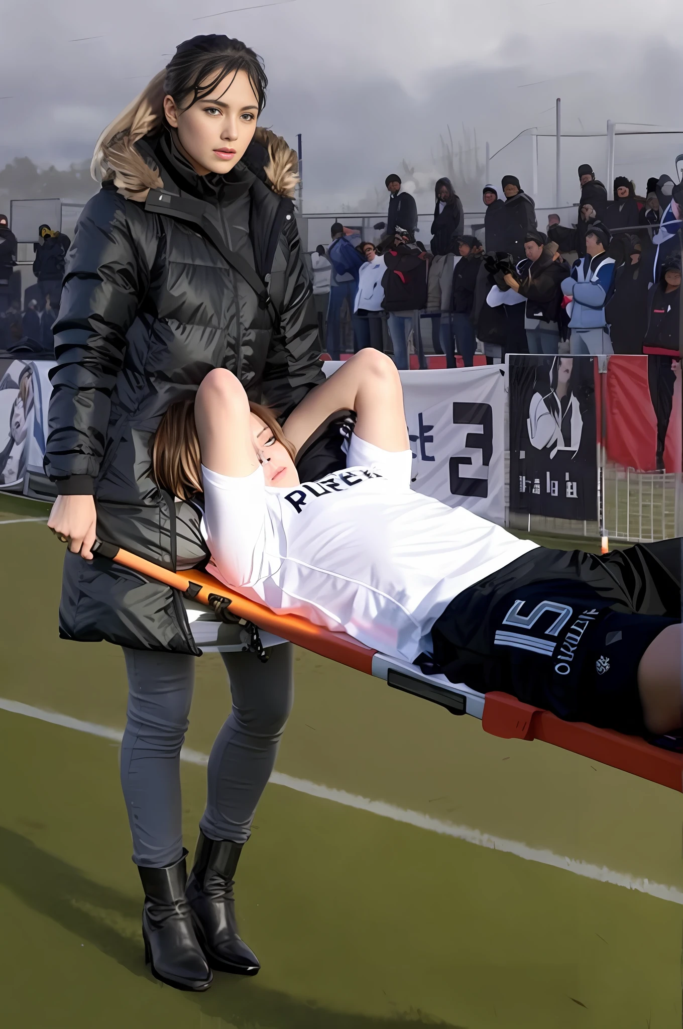 black and white down jacket, shiny down jacket, a blond longhaired woman is wearing a very high-gloss and waterproof puffy jacket and shiny leather pqants, the woman is carrying a stretcher in a sports stadium, on the stretcher lies a young Caucasian football player, the football player is wearing a white short-sleeved shirt and black shorts, the soccer player is lying on his back on the stretcher and is covering his face with both hands, the woman is angry and shouts out loud, the woman is frightened and looks very concerned, the woman is loving the soccer player and is sending enormous amorous looks to him, the woman is carrying the stretcher out of the soccer field, the sports field in the background is a soccer field with a large visitors' stand, a soccer match is playing in the background, the sports field in the background is a soccer field with a large visitors' stand, a soccer match is playing in the background, dramatic action pose, dramatic suffering pose, accident scene, first-aid-scene, theatralic pity poses --auto --s2