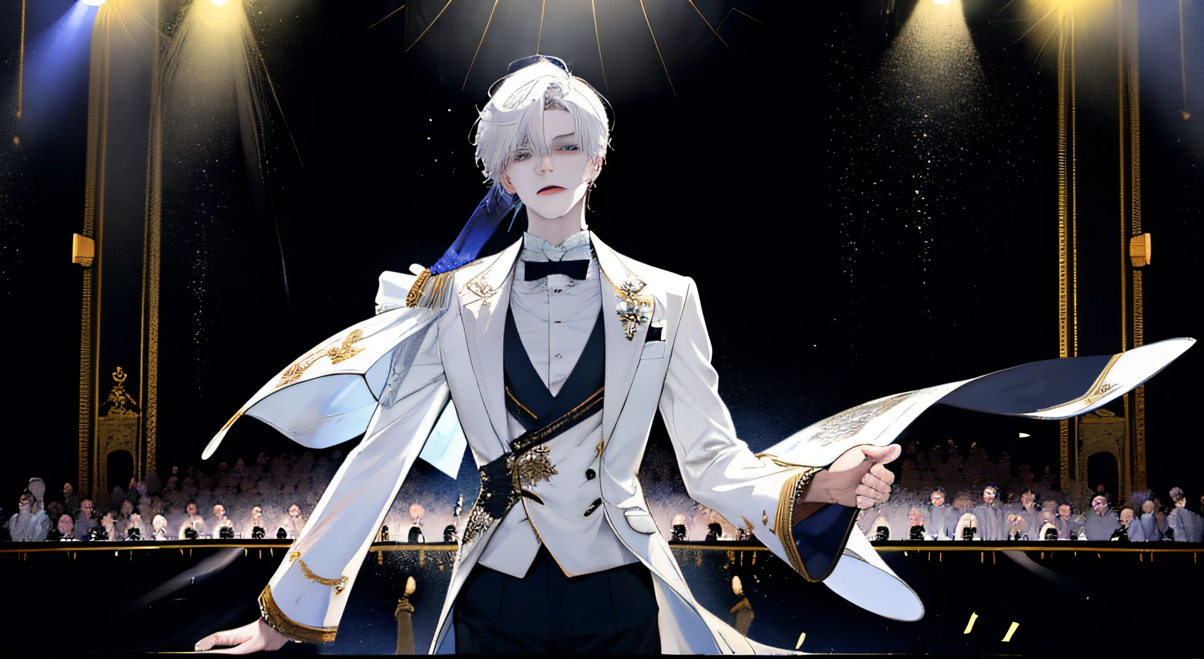 Masterpiece, best quality, realistic, ultra-detailed, in the concert performance, from top to bottom, a young man in a white suit with short white hair, standing on the concert stage and singing, there is an audience applauding
