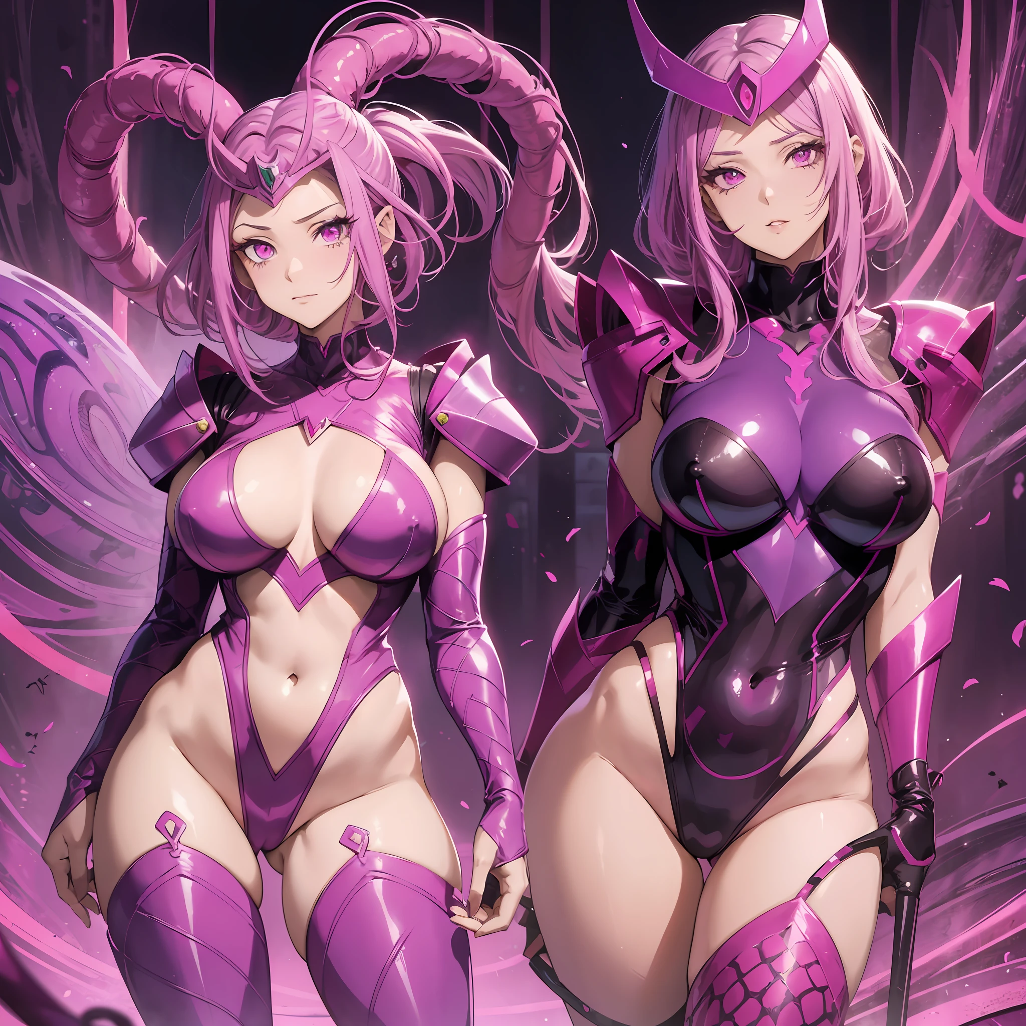 Cartoon photo of woman in magenta pink and purple costume, hot insect humanoid woman, Guyver style, NSFW version, red eye, scaraber reploid, tentacles imitating snake tail, cel shade adult animation, alien queen, serpentine pose, --auto --s2