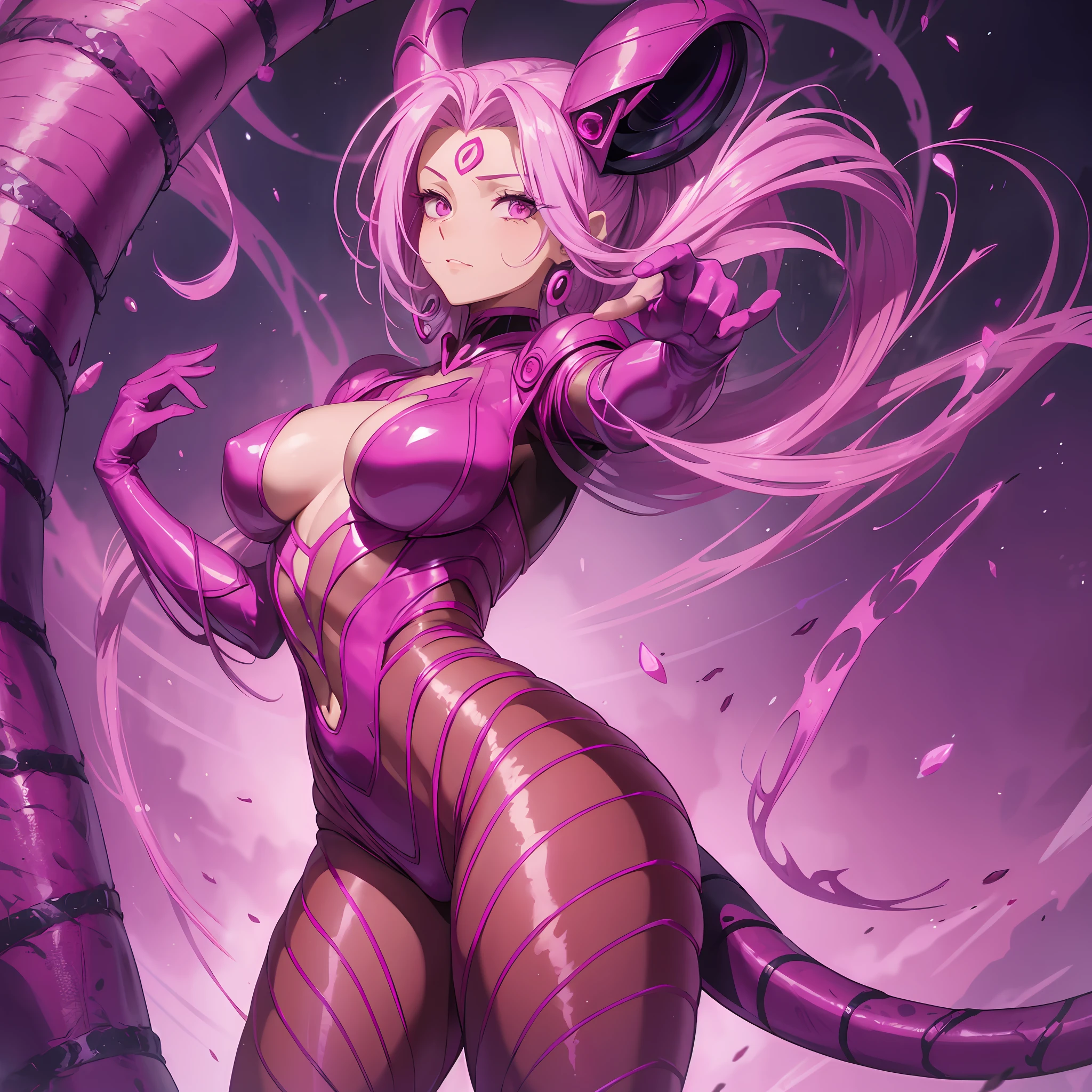Cartoon photo of woman in magenta pink and purple costume, hot insect humanoid woman, Guyver style,  version, red eye, scaraber reploid, tentacles imitating snake tail, cel shade adult animation, alien queen, serpentine pose, --auto --s2