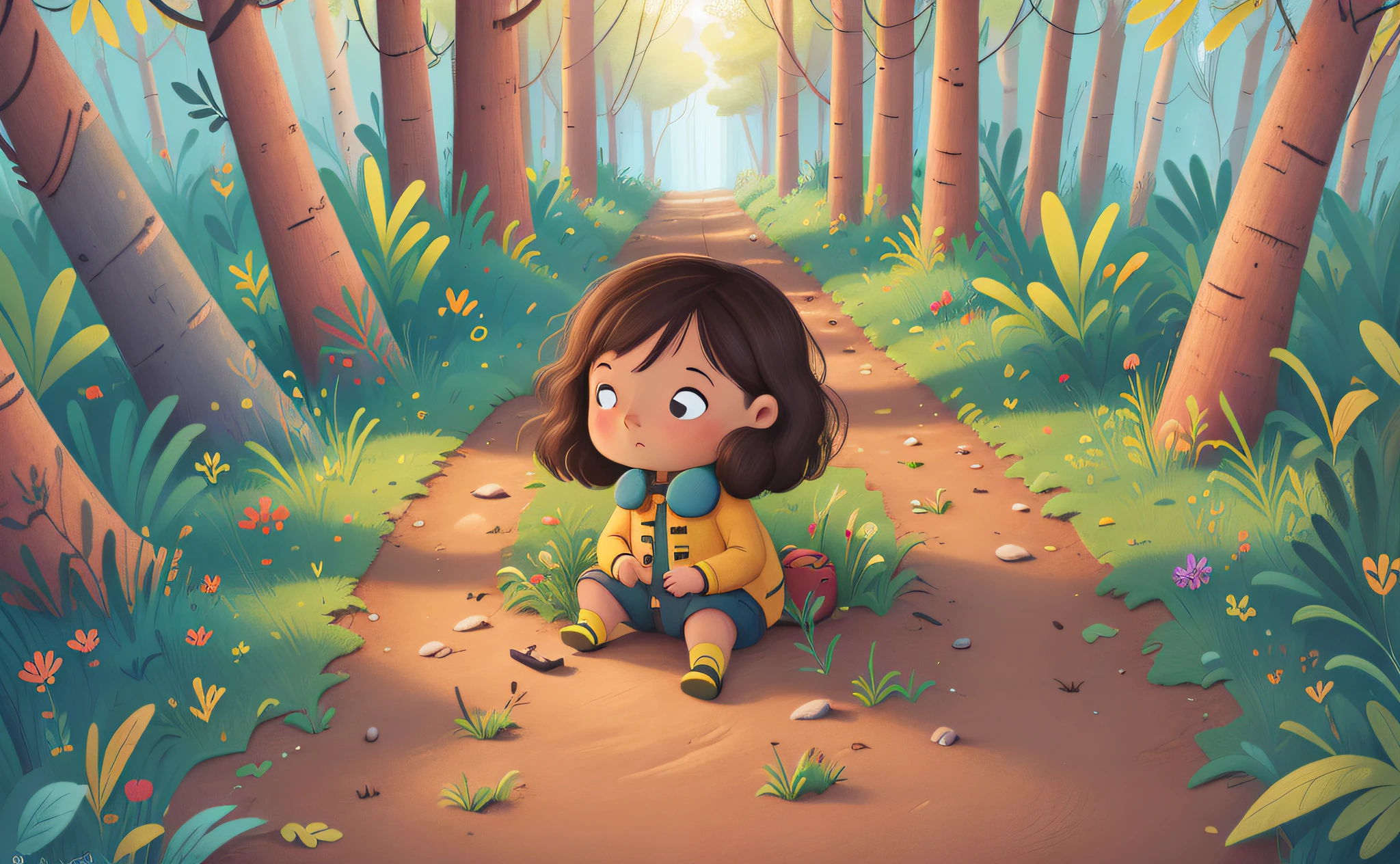 Strange sound, in the dense forest, walking on the path, lost, (high detail: 1.2), Top View high detail, super detail, 8k, super high resolution , girl in yellow clothes, scared, surrounded by dense trees, surrounded by the beauty of nature, warm sun shines on her, wildflowers gently sway in the breeze. Intricate details, ultra-low viewing angle, wide-angle lens