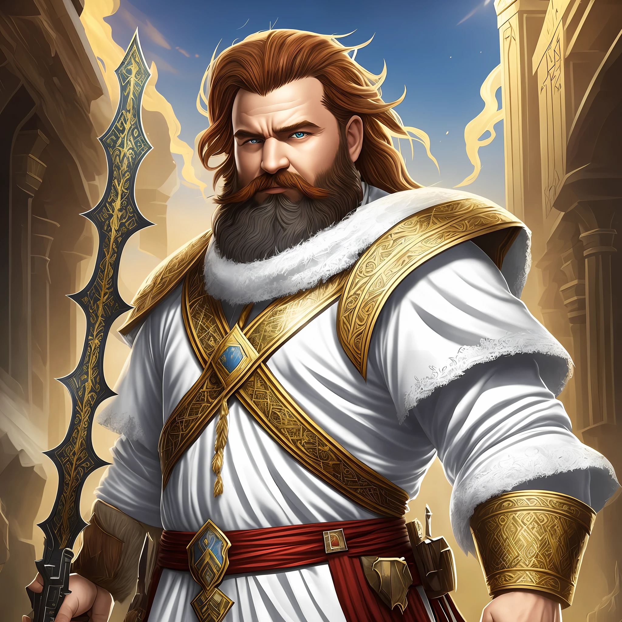 Make an image of an RPG character, a half-heavenly dwarf with a red beard and hair, a subtle halo, a military man wearing a djellaba in the colors white and gold, at the waist two scimitars in sheaths --auto --s2