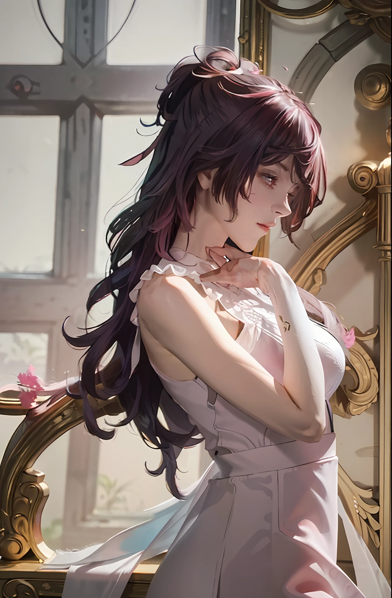 Official Art, Unity 8k wallpaper, super detailed, beautiful, beautiful, masterpiece, best quality,
darkness, atmosphere, mystery, romanticism, creepy, literature, art, fashion, victorian, decoration, intricacies, ironwork, lace, contemplation, emotional depth, supernatural,
1 girl, solo, neck, half composition, transparent clothing, transparent clothes, pink cute, pink tender, proud and holy, sacred, naked, leaky shoulders, leaky, fat buttocks, big breasts, double breasts, real light and shadow, cinematic light, cinematic sense, light effects, holiness,