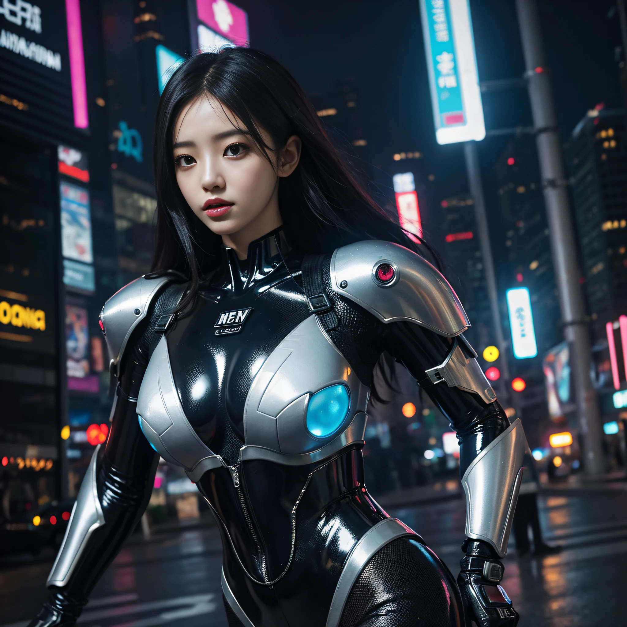 Masterpiece, 16K, top quality, arafe woman in shiny futuristic costume standing in the city, lee ji-eun as a supervillain, cyberpunk shiny latex suit, 8k art germ bokeh, cyberpunk, mecha cyber armor girl, cyberpunk city, cyberpunk city, cyberpunk city, cyberpunk city, hero poses colorful city lights, Park Shin Hye as a supervillain