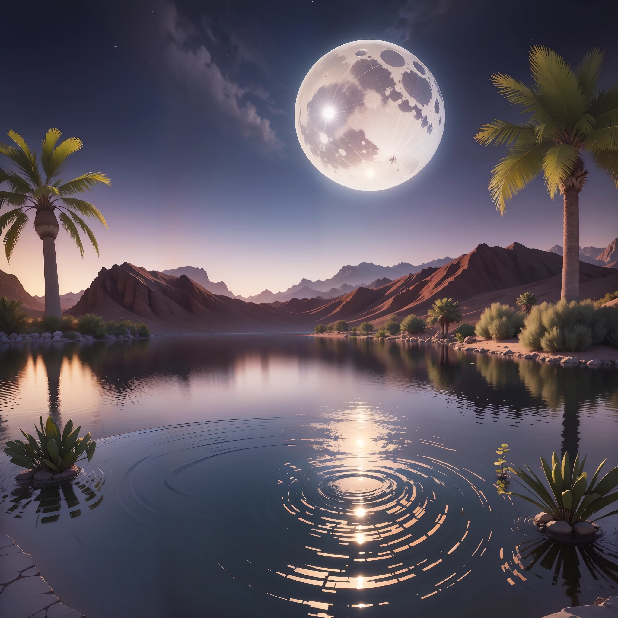 Small oasis with a small lake with three palm trees, in the center of a desert. At night with full moon that is reflected in the water. Photorealistic, hyperdetailed, high quality, 8k