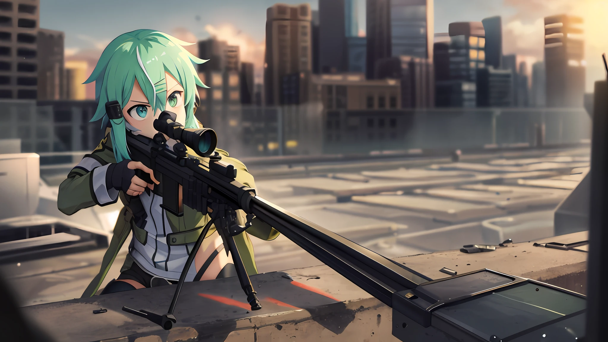 masterpiece, best quality, highres, 1girl, sinon1, scarf, fingerless gloves, long sleeves, short black shorts, hair ornament, hairclip, green thighhighs, green jacket, thigh strap, cowboy shot, holding weapon, sniper rifle, ruins, sitting, (sword art online), scoping, using the sniper, holding the sniper rifle, looking in scope, looking into the sniper rifle scope, shooting, hdr, urban, rooftop, collapsed buildings, war, catastrophe, disaster, serious, cold, glowing eyes, superpower, focusing, focus, bullet, shooting, barrel flash, explosion, firing, firing her sniper rifle, firing her gun, gunshot, pervert, cute, chaotic, full body