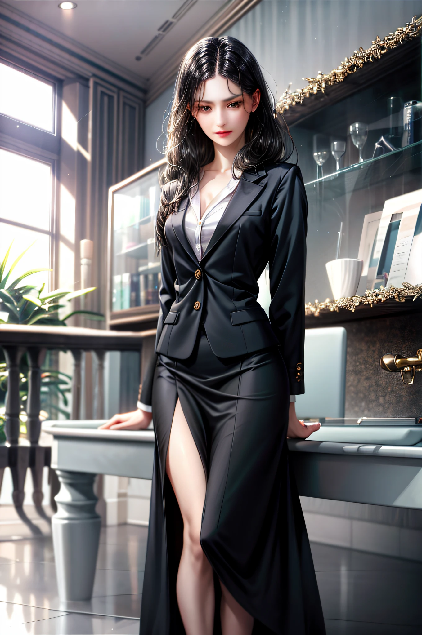 Girl with long straight black hair and brown eyes, beautiful, thin, flat, tall, wearing a businesswoman's uniform