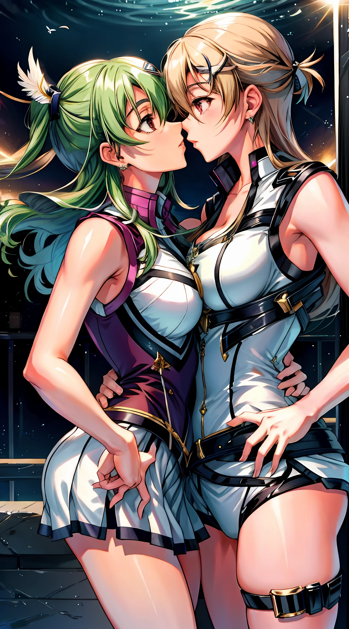 (Alisa Reinford kissing a Musse egret), sexy sleeveless police uniforms, yuri:1.4, perfect hands, perfect fingers